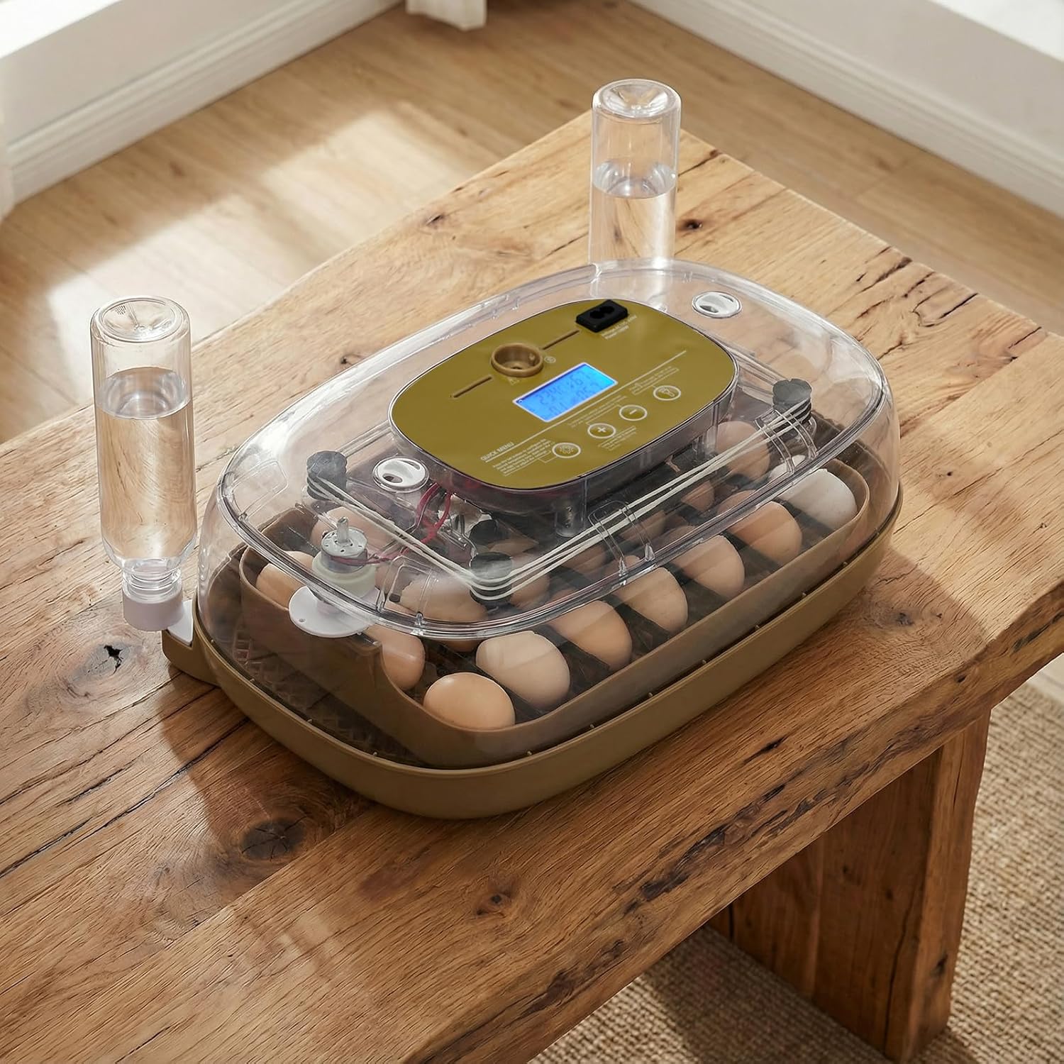 24 Egg Incubator with Automatic Egg Turning, 110V Digital Poultry Hatcher with LED Egg Candler, Temperature & Humidity Control, Auto Water Adding, for Chickens Ducks Quails, Khaki & Transparent