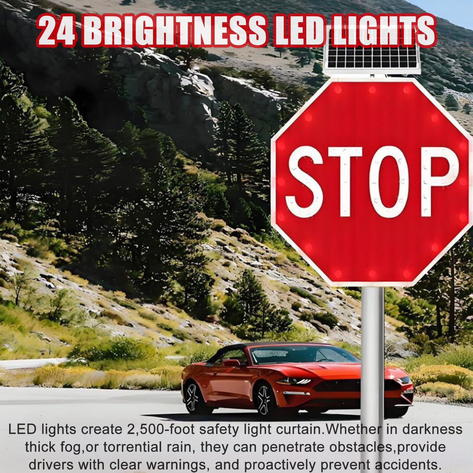 Señal De Stop Solar De 24 Led | Encendido Y Apagado Automático, Batería De 5 Días | Mayor Visibilidad En Niebla Y Lluvia – Señales De Tráfico Solares De Aluminio 60cm/23.6in