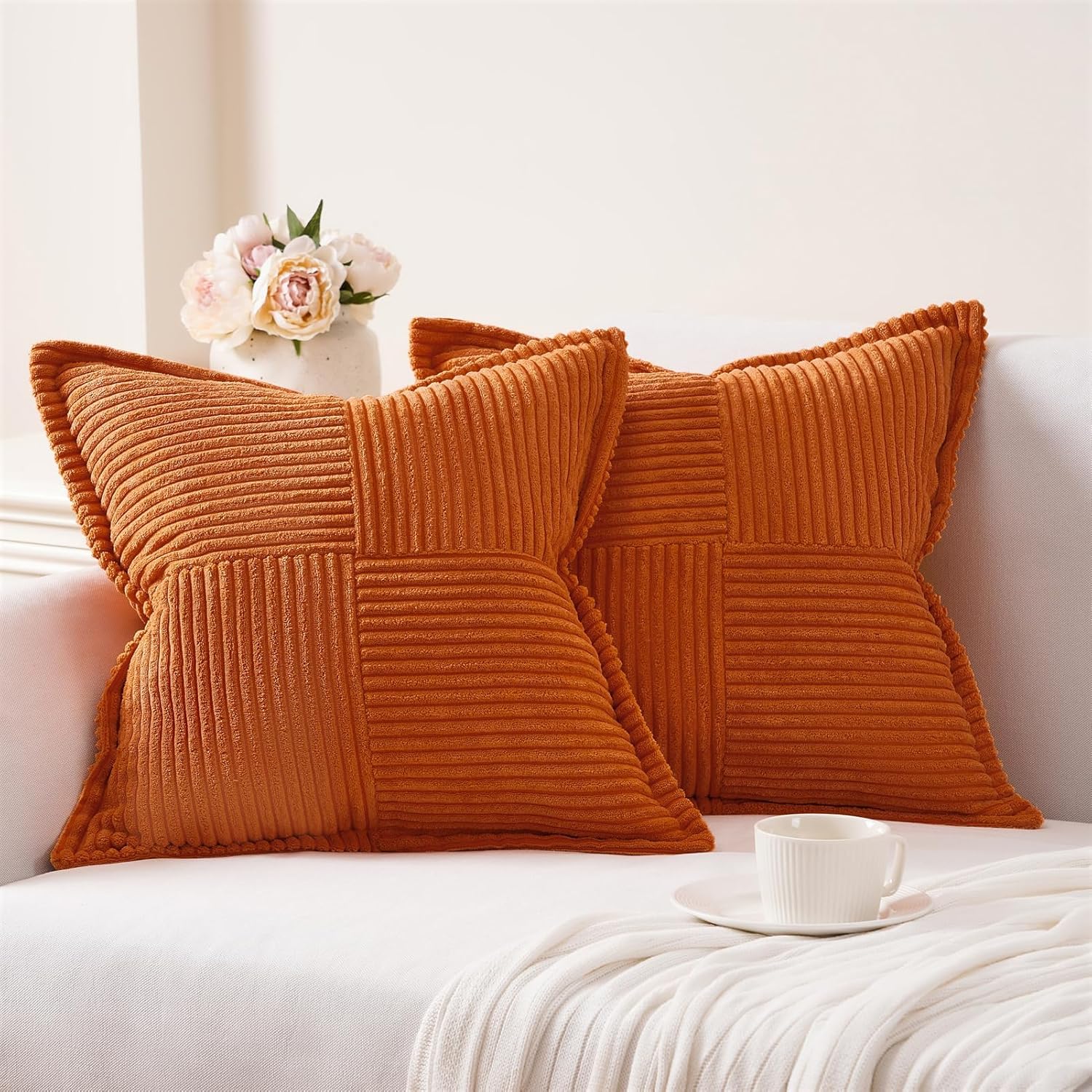 Fall Farmhouse Decorative Pillow Covers with Splicing 18x18 Set of 2, Super Soft Corduroy Pillow Covers Decorative Textured Corduroy Throw Pillows for Couch Bed(18 x 18 inch/Burnt Orange)