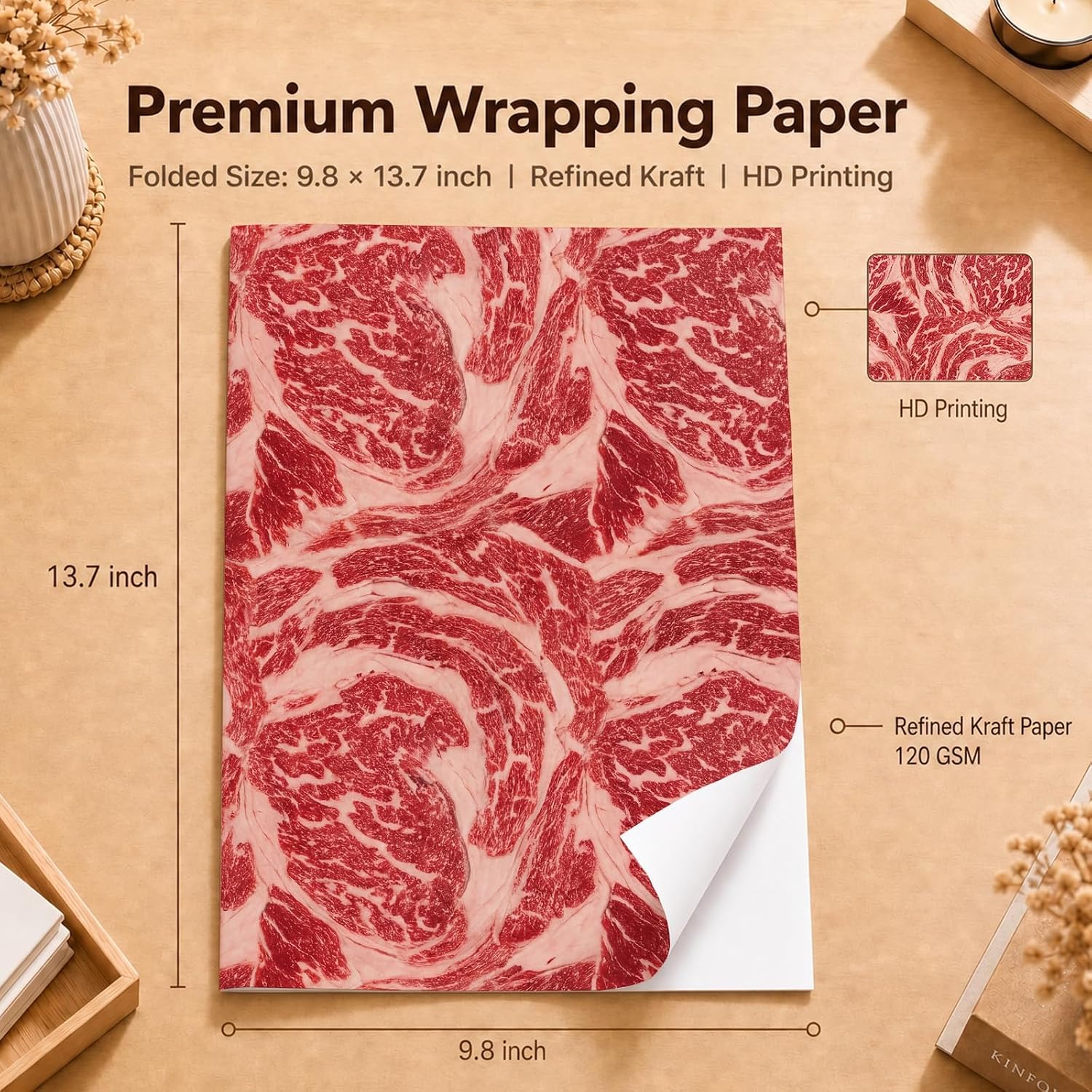 SHSEEN Funny Raw Meat Wrapping Paper, 19.6 x 27.5 in, 2 Sheets | 120gsm folded meat-print sheets for gag gifts, birthdays, BBQ lovers, date nights, and playful gift wrapping.