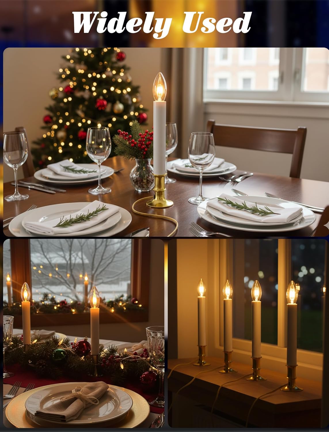Oviejo Electric Candles Set of 4, Plug in Candle Light with Gold Base and C26 Clear Lights Fit E12 Candelabra Base, Christmas Window Candles with for Table/Party/Christmas Decorations