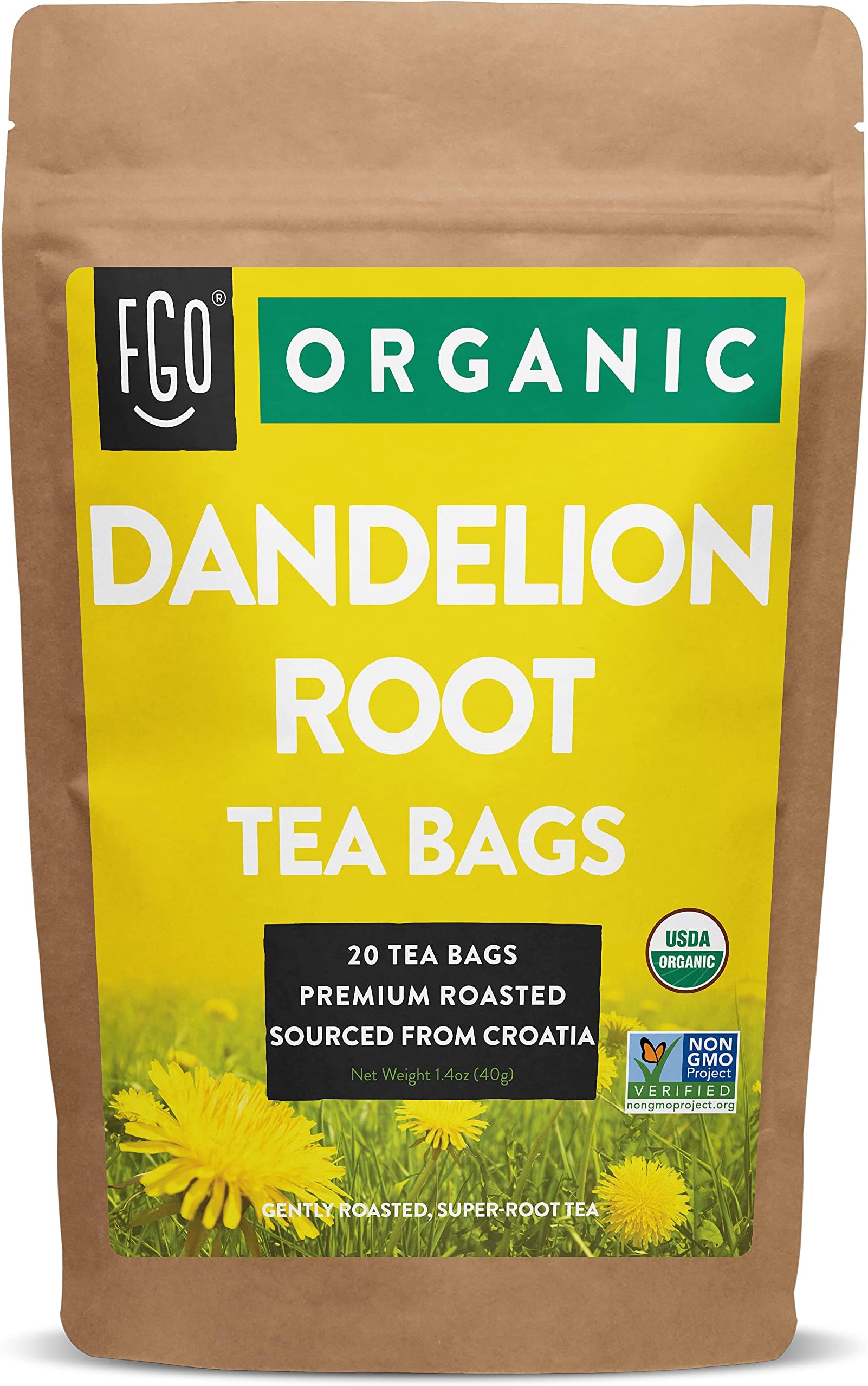 FGO Organic Roasted Dandelion Root Tea, 20 Count, Eco-Conscious Tea Bags, Resealable Bag, Caffeine Free, Packaging May Vary (Pack of 1)