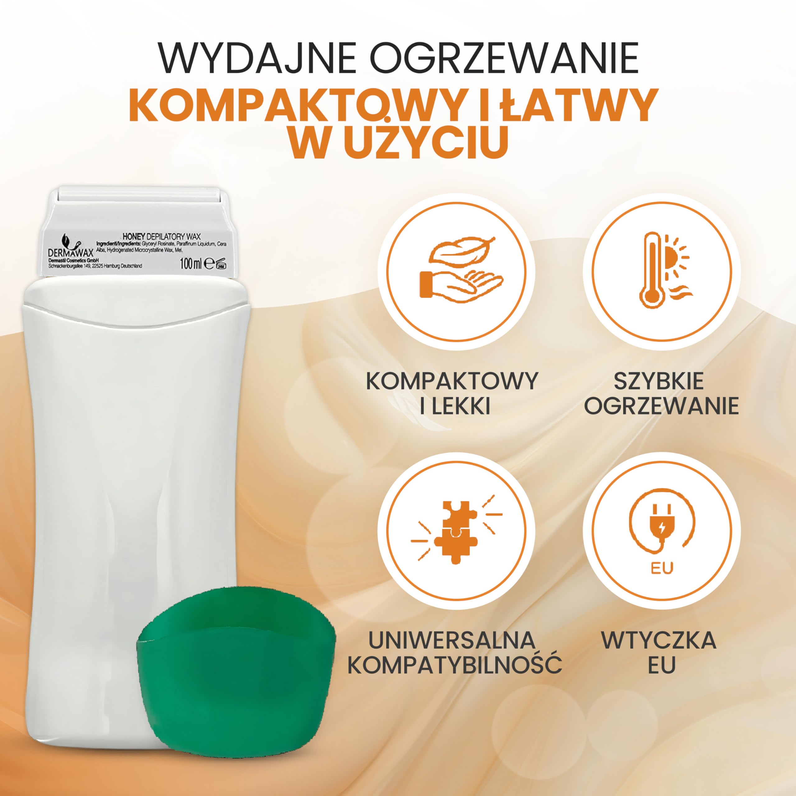 DERMAWAX Roll-On zestaw podgrzewaczy do wosku – 25 W, 230 V – w zestawie wosk miodowy roll-on 100 ml – profesjonalne usuwanie włosów za pomocą pasków woskowych – szybka i łatwa depilacja nóg, ramion