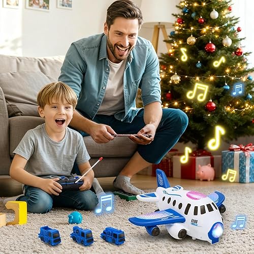 Miniatura 4 de HOLYFUN Avión de juguete para niños pequeños con mini autos, avión musical RC con luces y sonidos para niños y niñas de 3 a 5 años