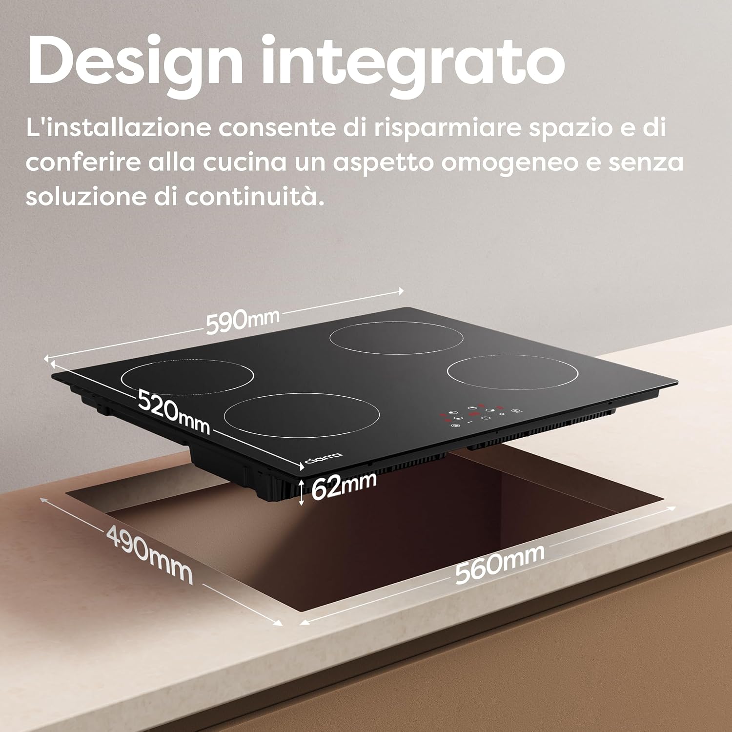 Diagram showing built-in dimensions for CIARRA induction hob installation