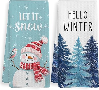 Hello Winter Christmas Tree Kitchen Towel and Dishcloths Sets of 2, Winter Blue and White Holiday Christmas Tree Snow Snowman Decor Dish Tea Hand Towel for Bathroom Kitchen, 16x24 Inch