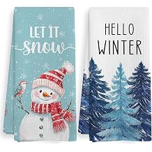 Hello Winter Christmas Tree Kitchen Towel and Dishcloths Sets of 2, Winter Blue and White Holiday Christmas Tree Snow Snowman Decor Dish Tea Hand Towel for Bathroom Kitchen, 16x24 Inch