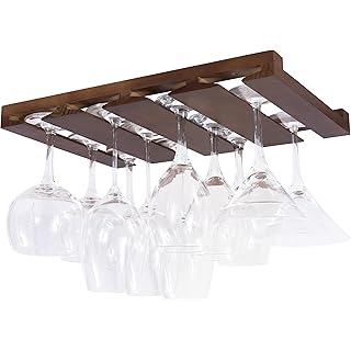 Rustic State Eze 4 Sectional Under Cabinet Mount Wood Stemware Rack Hanging Shelf Glassware Holder Bar Organizer with up to 12 Wine Glass Storage 12 Inch Deep Chestnut
