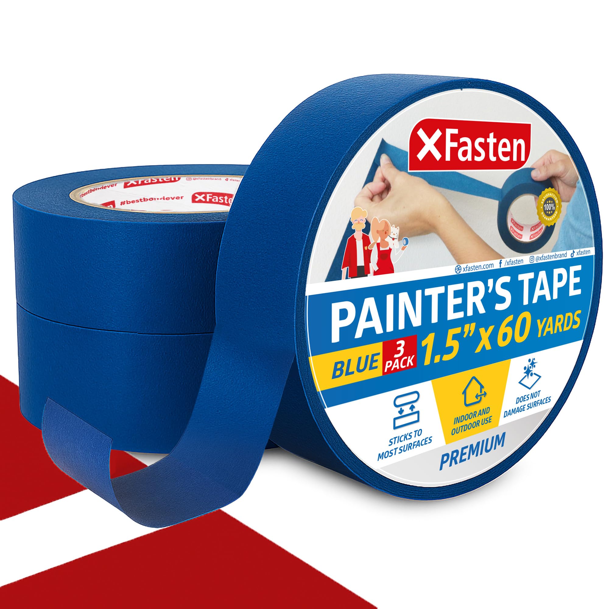 XFasten Professional Blue Painters Tape, Sharp Edge Line Technology, 1.5 Inches x 60Yards (3-Pack) - Produces Sharp Lines and Residue-Free Artisan
