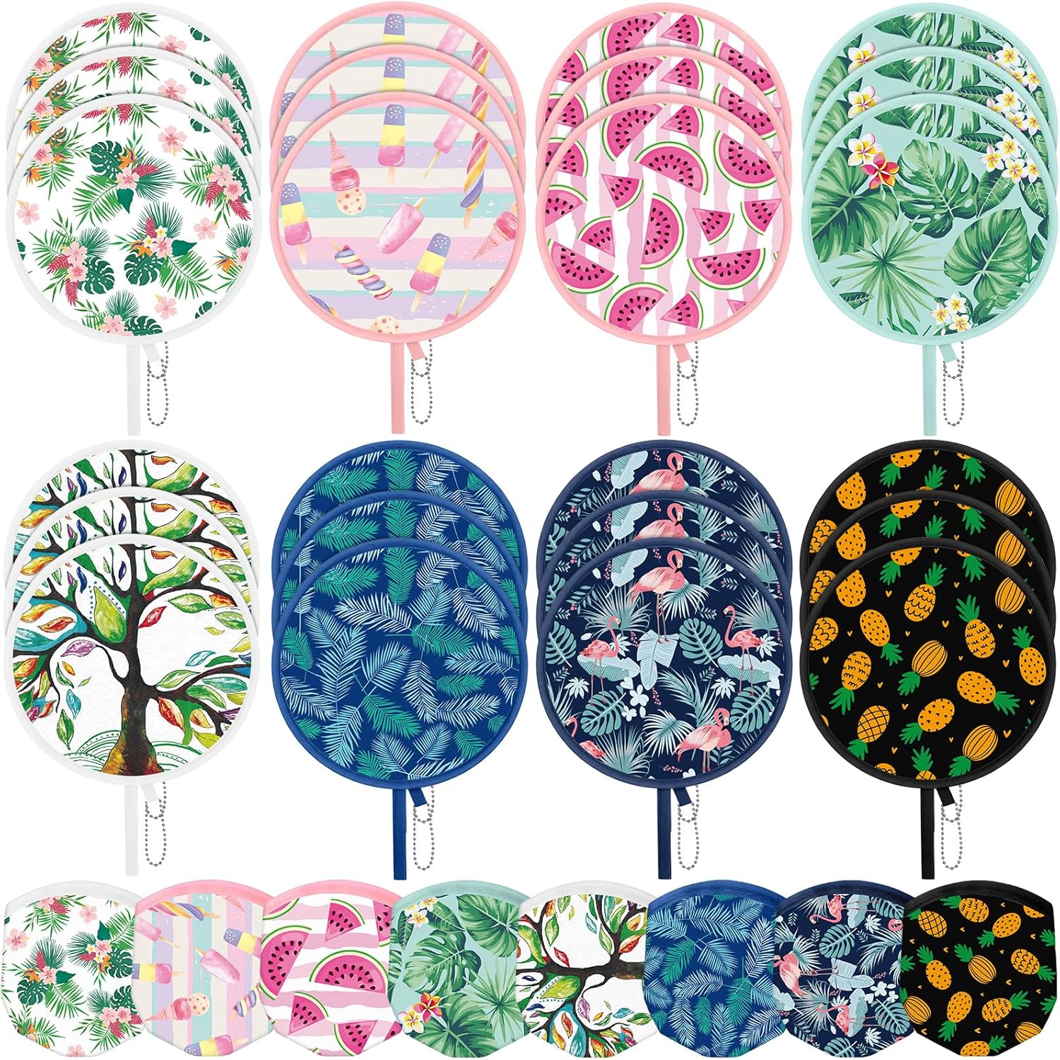 AceOrbit 24 Pcs Fruit Round Foldable Hand Fans 8 Styles Japanese Summer Fruit Foldable Fan Pop up Round Handheld Cooling Fan with Pouch for Women Summer Holiday Purse Travel Party Favor Gift Decor