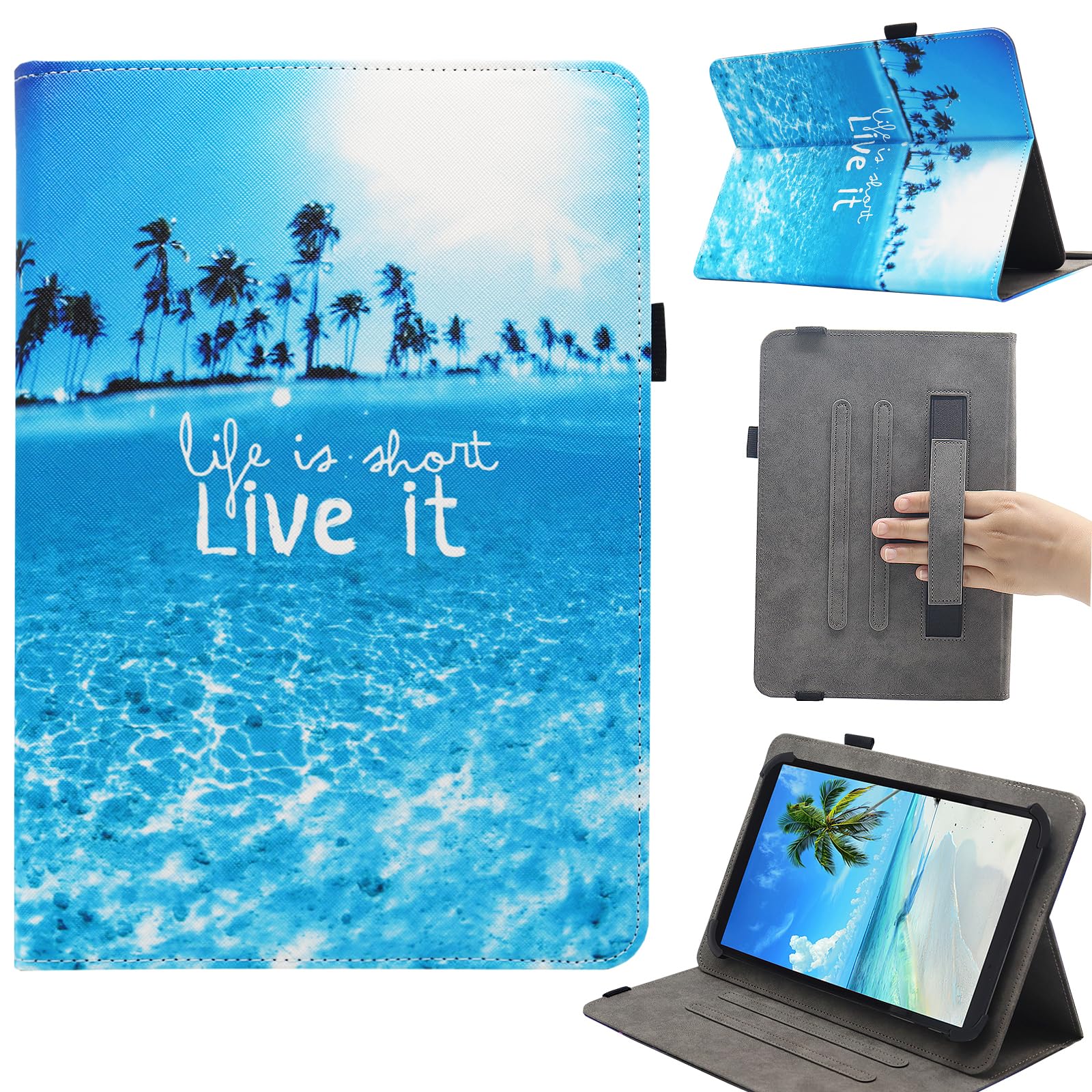 Universal 10 10.1 11 Inch Android Tablet Case, Dluggs Multi-Angle Viewing Stand Case Cover with Hand Strap for 9.5-11 Inch Tablet, Beach