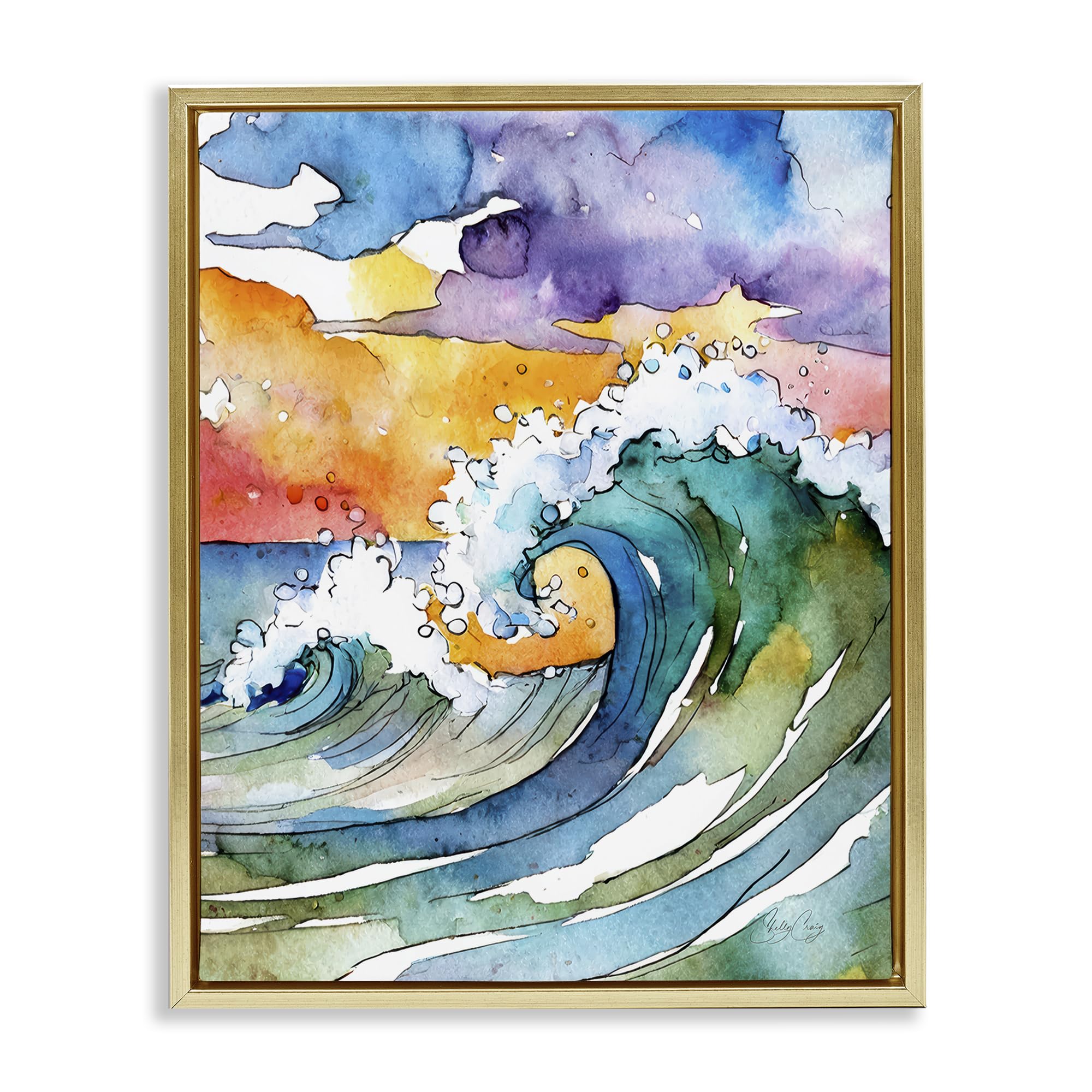 Stupell Industries Vibrant Sunrise Wave Splash 'Vibrant Sunrise Surf', Floating Frame Canvas Art, Gold, 25 X 31 Inches, Easy To Hang And Sturdy, Made In Usa, By Shelly Craig