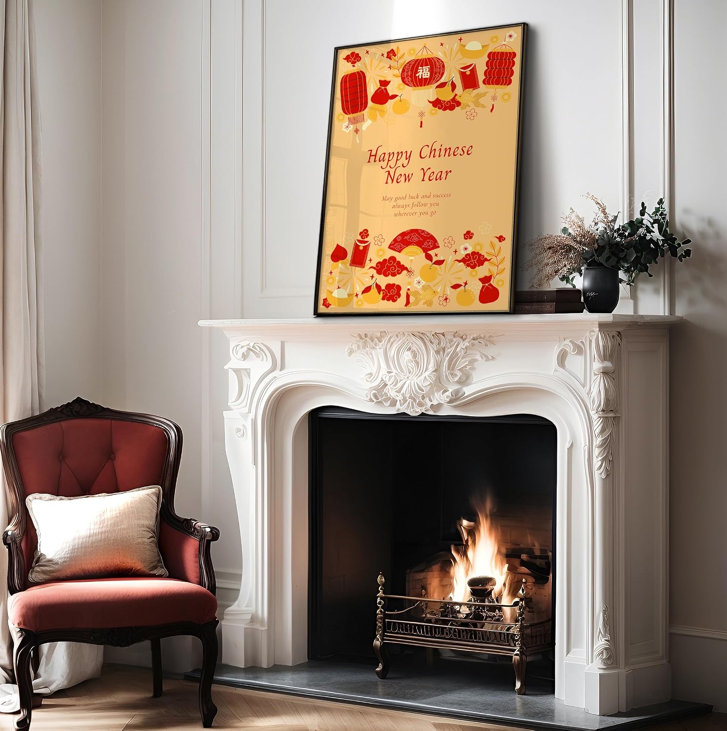 Poster Master Happy Chinese New Year Print - Holiday Poster - Traditional Festival Art - Lantern Wall Design - Gift for Men & Women - Decor for Office, Bedroom or Living Room - 8x10 UNFRAMED Wall Art