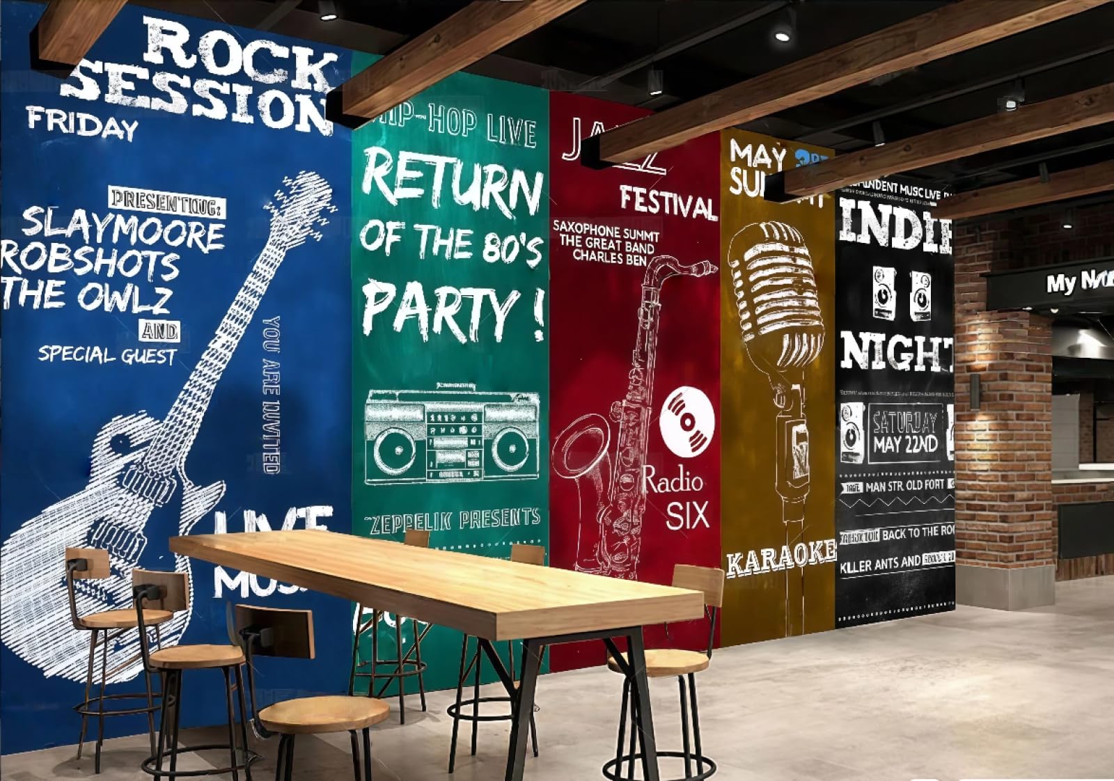 Xdoubao 3D Wallpaper Fashion Hand-Painted Graffiti Letters Colorful Instruments Music Bar Coffee Shop Background Mural Western Restaurant Wallpaper,,300X210cm