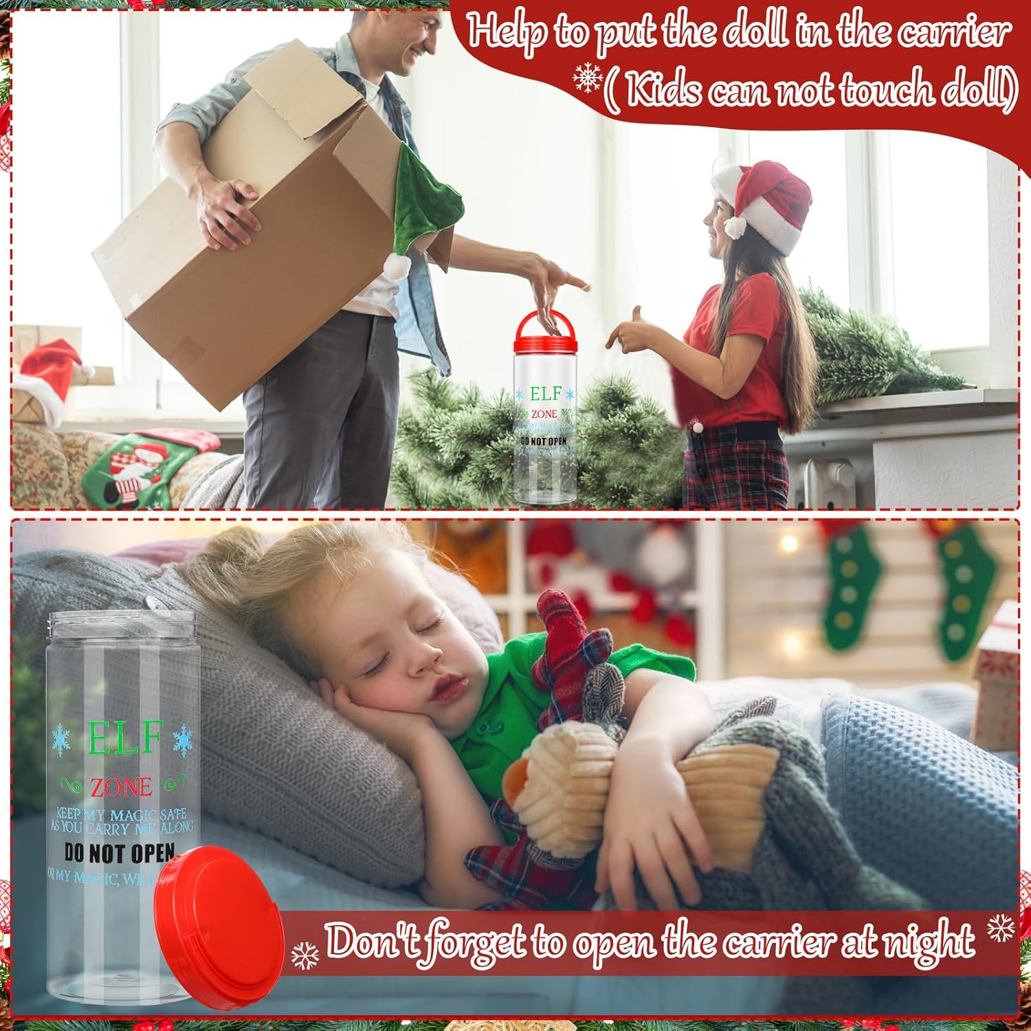 Christmas Elf Carrier 9.8 Inch Carrying Case Plastic Elf Container Holiday Decor with Lids Handle for Xmas Holiday Family Adventures Transport Gift Decoration