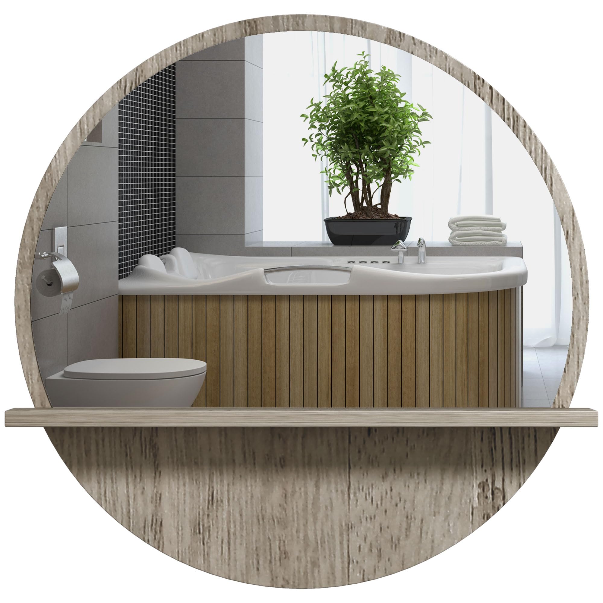 Kleankin 45cm Wall Mounted Round Mirror with Shelf, Framed Makeup Mirror for Home Decoration, Grey Wood Effect