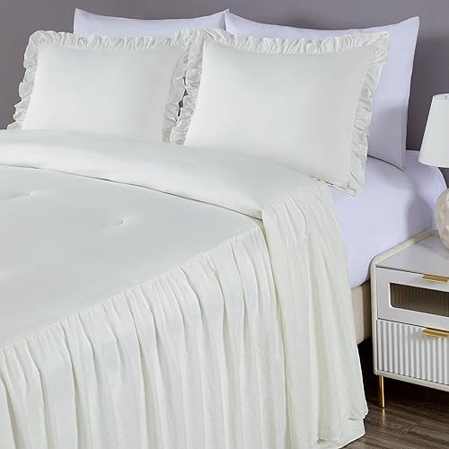 Miniatura 3 de Chezmoi Collection Sinclair - Juego de colcha de 3 piezas con falda con volantes, estilo campestre francés chic, matrimonial, marfil