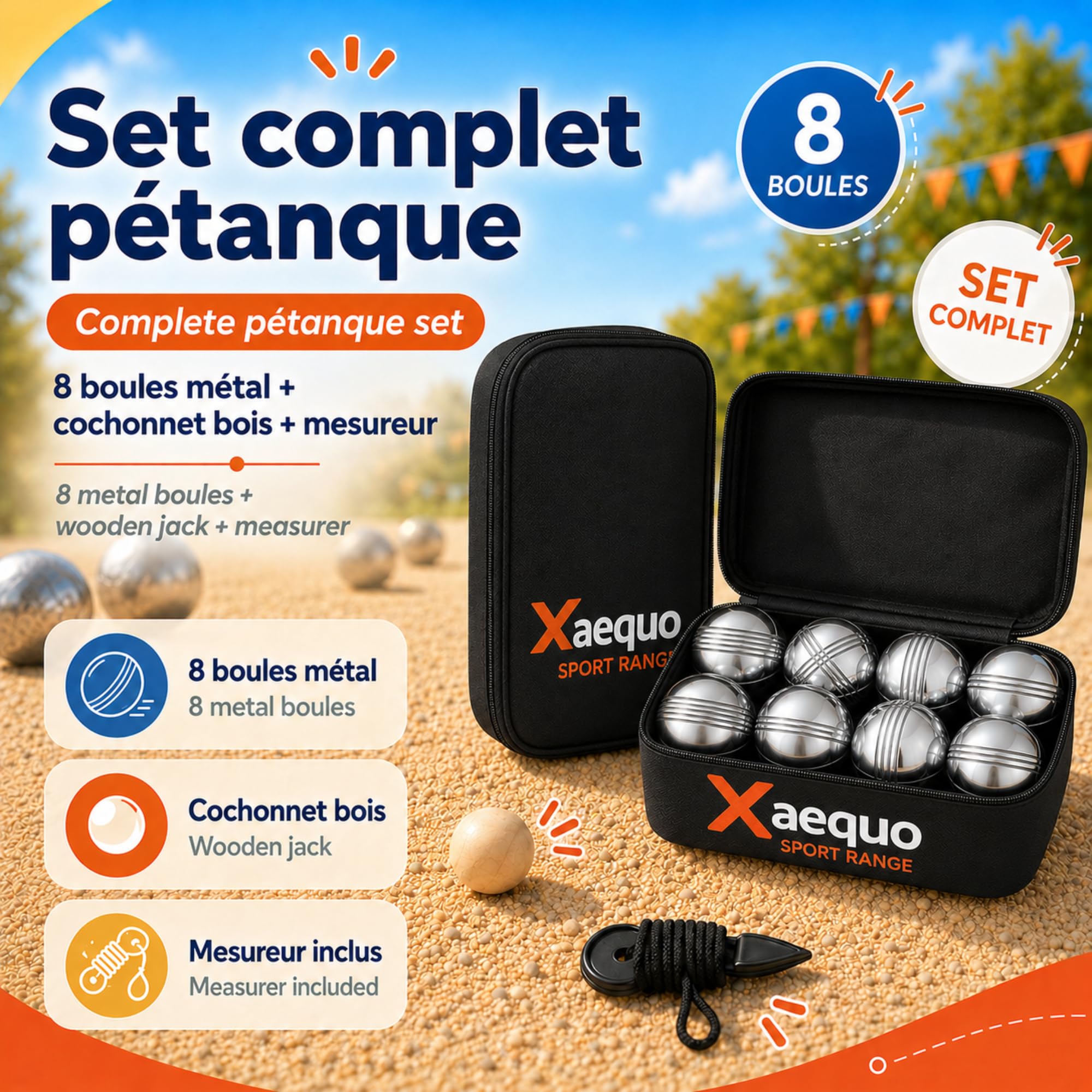 Boule De Petanque - Set Complet 8 Boules Acier Chrome avec Cochonnets Bois Et Mesureurs - Sacoche Pétanque Incluse - Jeu De Boules Petanque Extérieur Et Intérieur (Lot de 1)