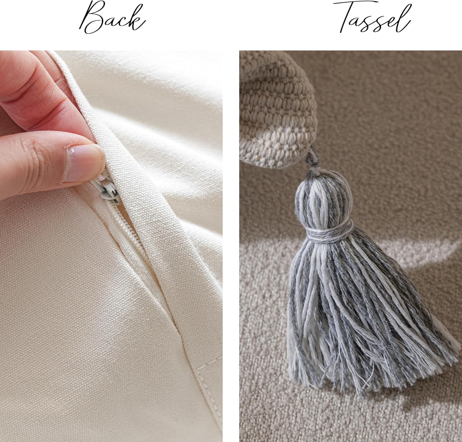 BlissBlush 20X20 Throw Pillow Cover, Cream Neutral Square Decorative Cushion Cover with Gray Pattern, Boho Accent Pillowcase with Tufted Details and Tassels for Couch Sofa Living Room (Cover Only) - Image 8