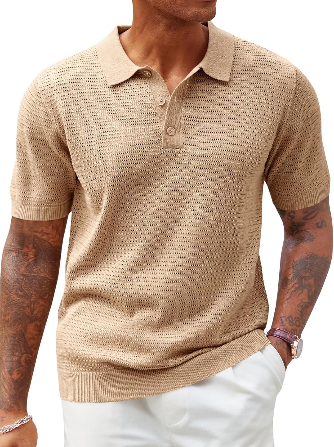Runcati Mens Knit Polo Shirts Short Sleeve Casual Hollow Out Shirt Texture Classic Golf Polo