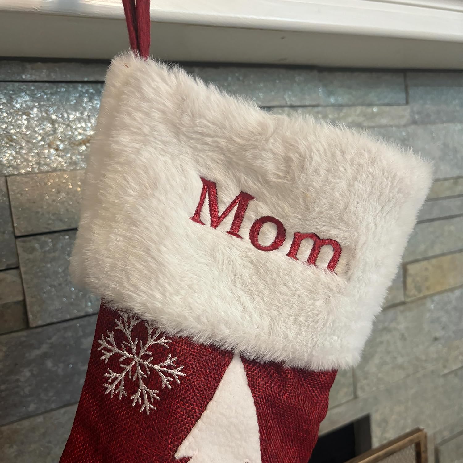 Printualist Personalized Christmas Stockings (18 inch) - Custom Embroidered Name Red Green Ivory Santa Deer Tree Pet Cat Dog- Rustic Farmhouse Fireplace for Family Decorations Holiday