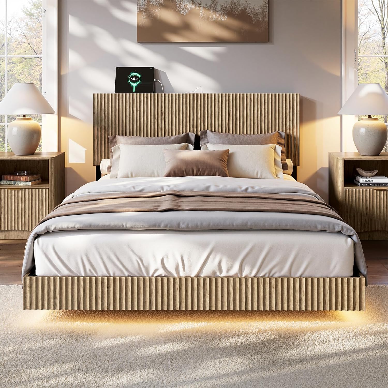 Evermagin Oak Queen Floating Bed Frame with Headboard, Boho Fluted Platform Bed with LED Lights, Heavy Duty Floating Bedframe with Charging Station, No Box Spring Needed