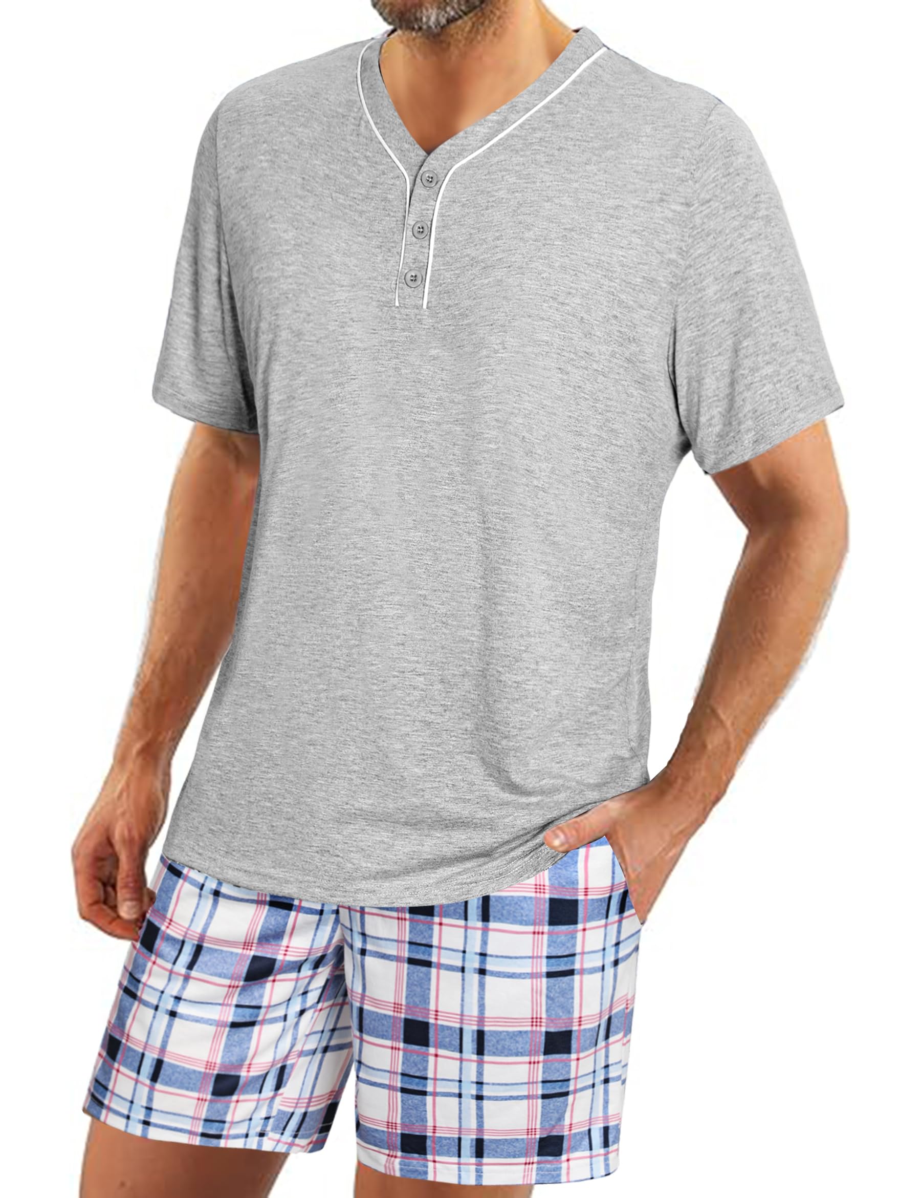 Demegimi Schlafanzug Herren Kurz Pyjama Set Baumwolle Sommer Shorty Nachtwäsche Kariert Pyjamaset Männer