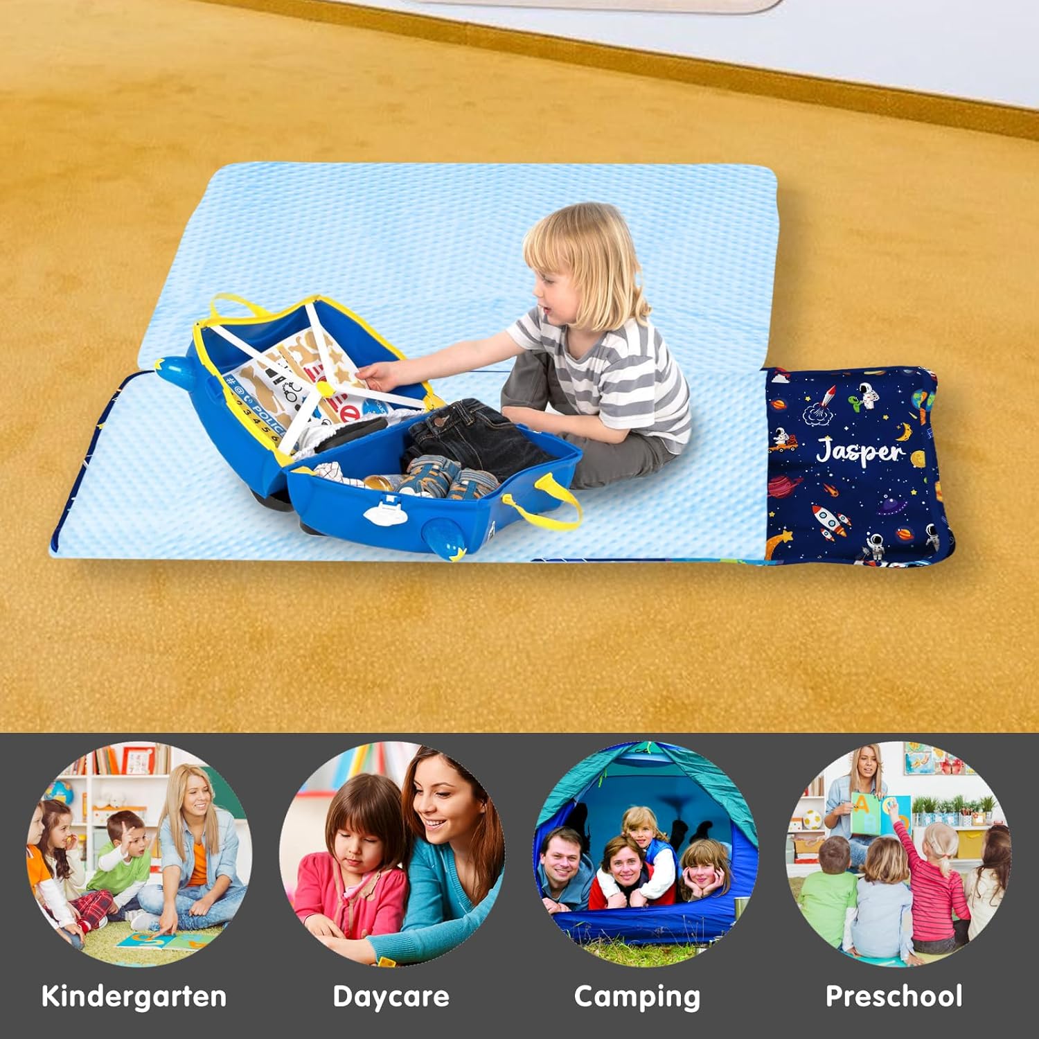Personalized Toddler Nap Mat for Boys – Custom Name Nap Mats with Removable Pillow, Roll-Up Sleeping Mat for Kids Preschool, Daycare, Travel, Kindergarten