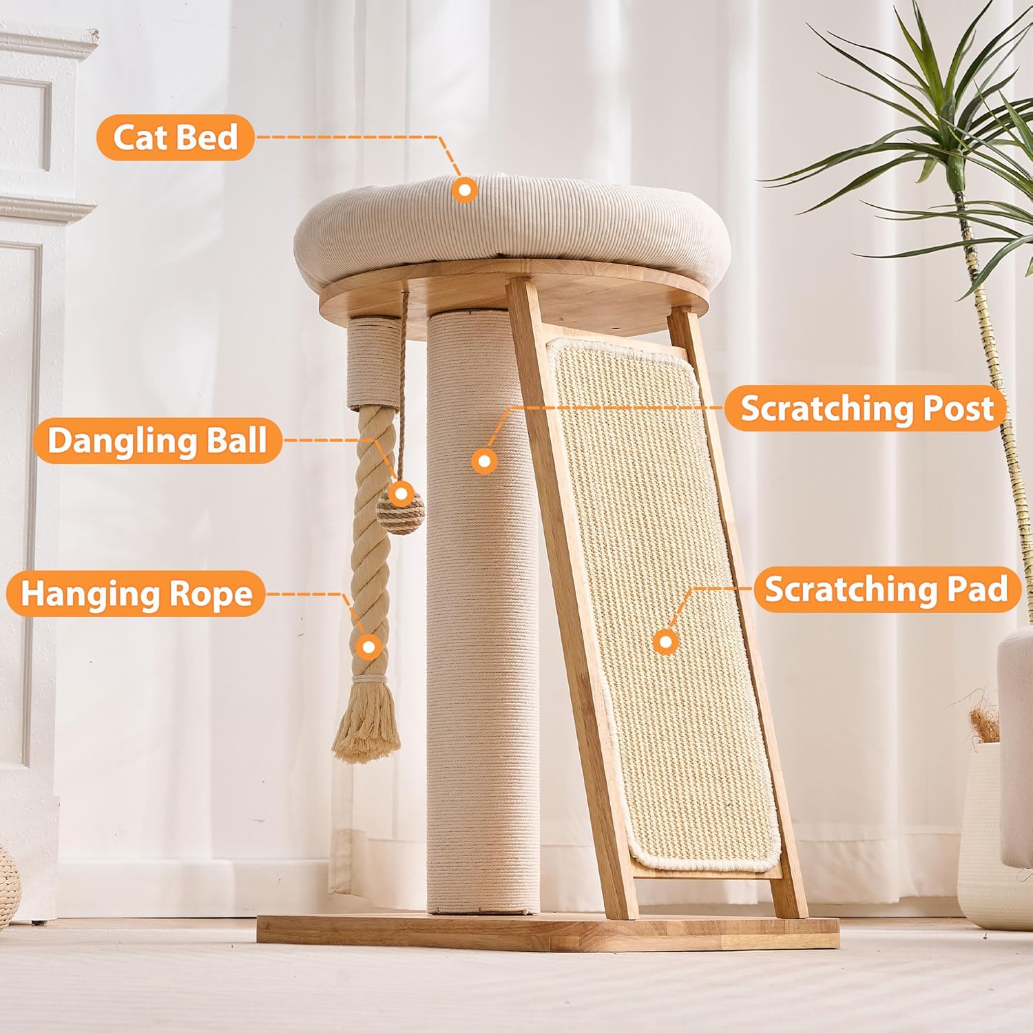 Modern Cat Tree Small Tower with Scratching Post for Indoor, Solid Wood Multifunctional Corner Cat Tree Tower with Bed, Dangling Ball,Interactive Rope, Scratching Board