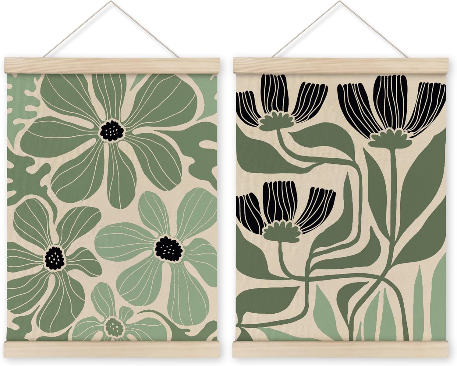 HRQKO Boho Sage Green Flowers Wall Art Hanger Frame Set of 2, Preppy Room Botanical Poster Wall Art with Wooden Frames, Boho Floral Wall Hanging Decor for Girls Dorm Bedroom, 12x16 Inch