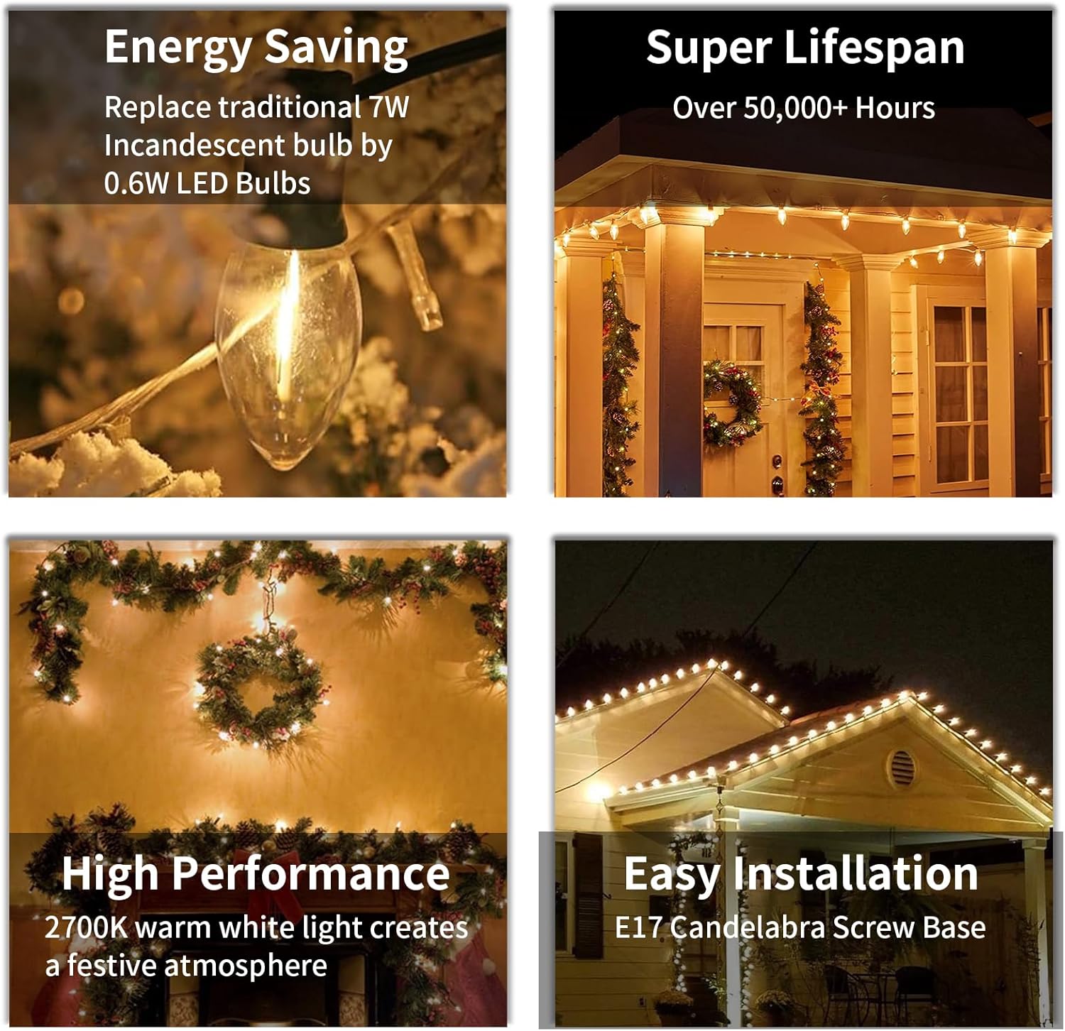 25 Pack C9 Replacement Bulbs, Clear Warm White LED Christmas Light Bulbs for Outdoor Indoor String Lights, Xmas Tree, Wedding, Party, Home Decor