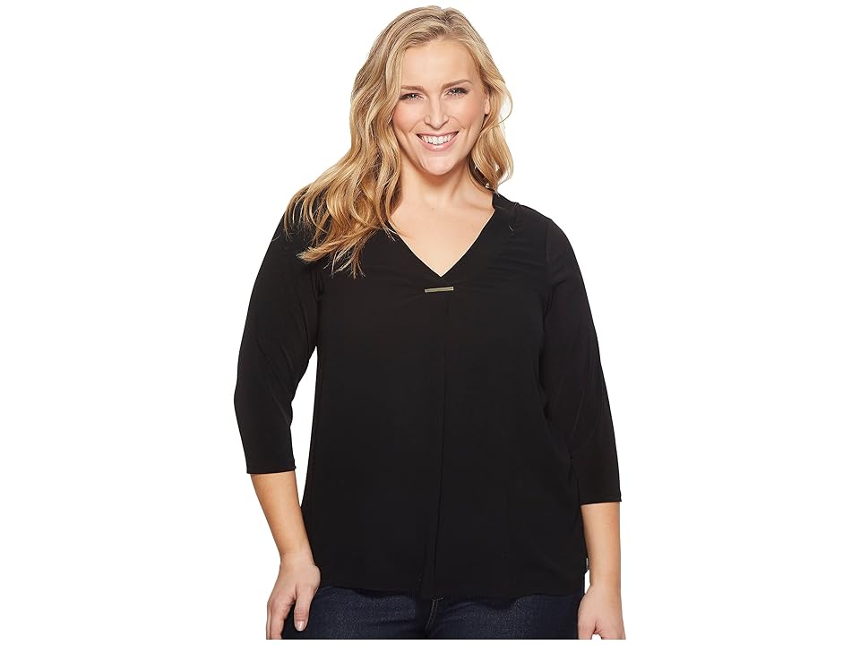 

Calvin Klein Plus Plus Size Long Sleeve V-Neck Top w/ Bar (Black) Women's Long Sleeve Pullover