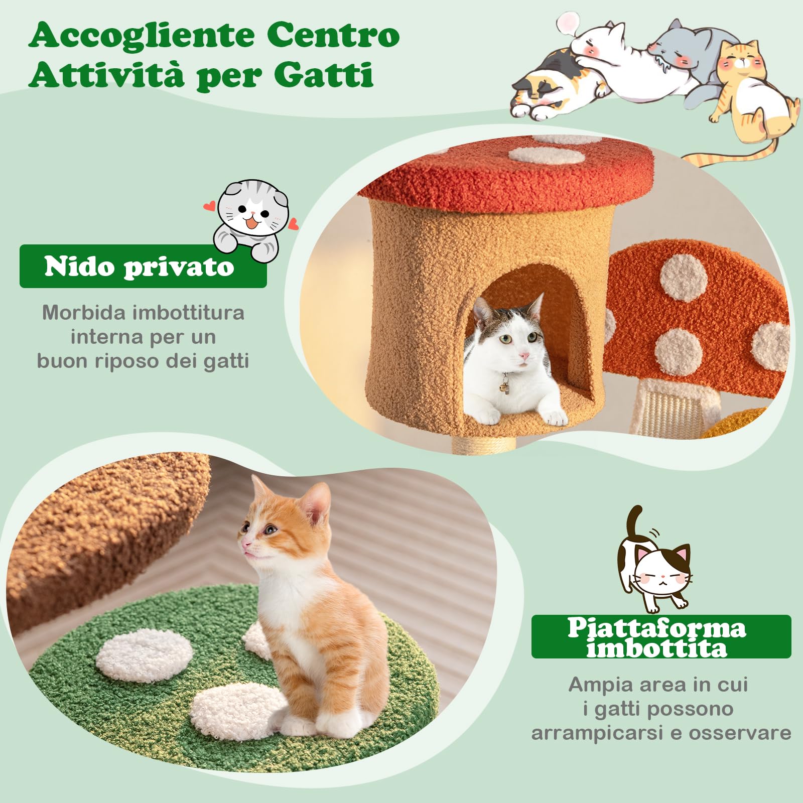 GYMAX Albero Tiragraffi per Gatti a Forma di Fungo, Centro Attività per Gattini (59 x 48 x 102 cm)