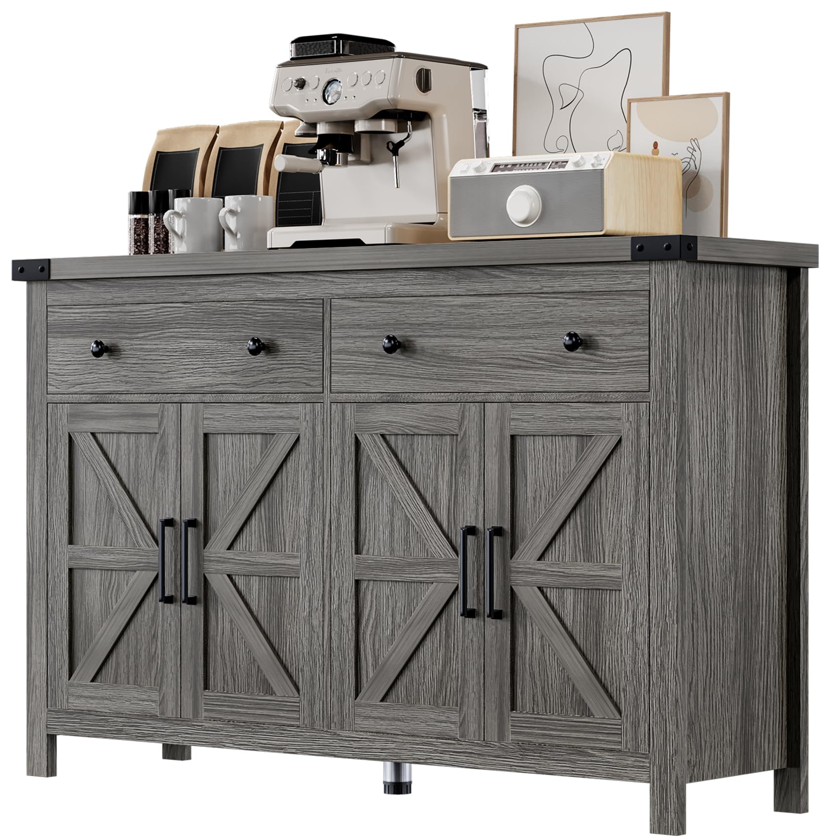 55" Sideboard Buffet Cabinet with Storage, Coffee Bar Cabinet with 2 Drawers and 4 Barn Doors, Long Storage Cabinet Modern Farmhouse, Grey Wood, for Kitchen, Dining Room, Living Room