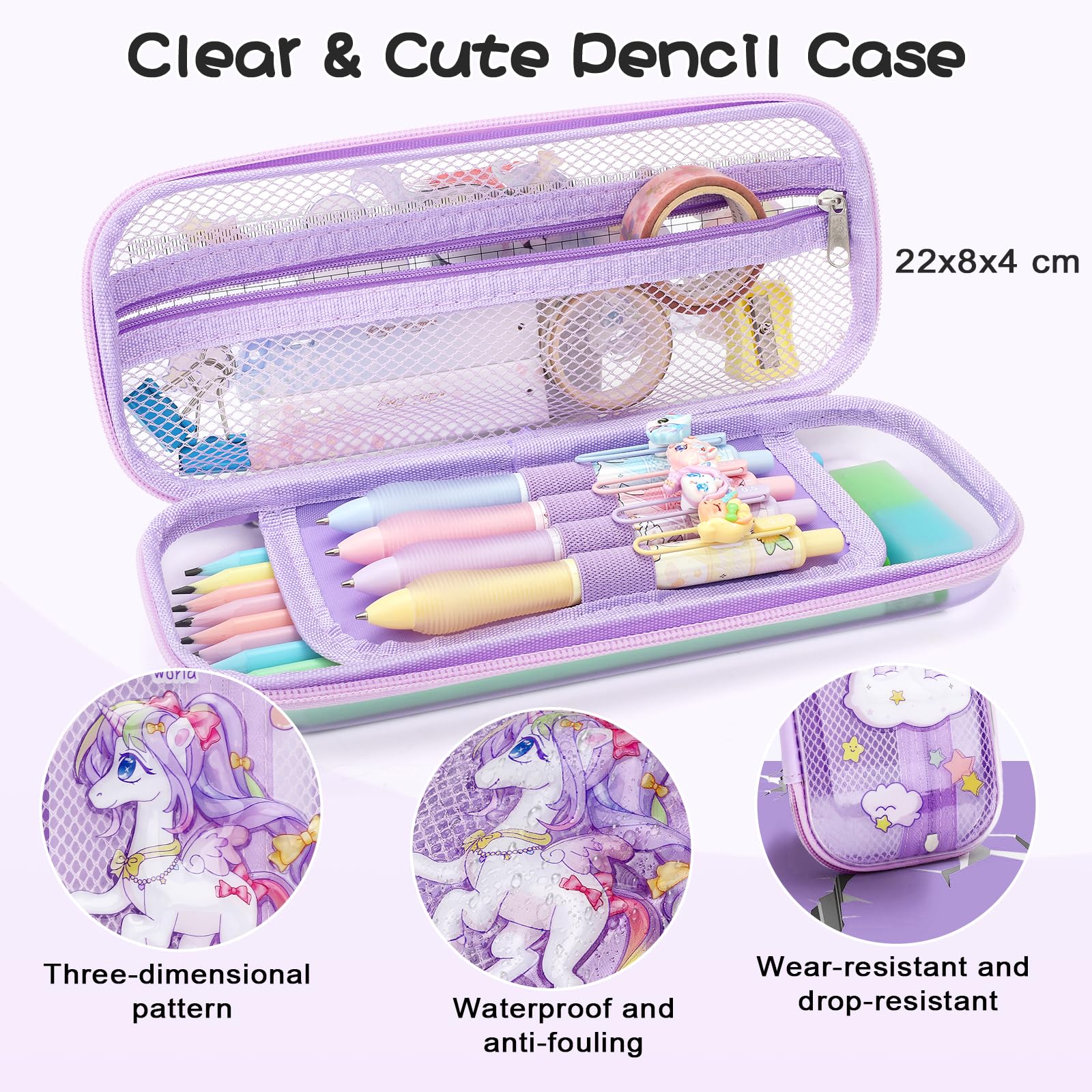 SKAMORI 20+ Piezas t Set Papelería Unicornio Niñas con Estuche Escolar, 4 Resaltadores Pastel| 4 Boligrafos Gel | 4 Portaminas 0.5, Unicornio Regalo para Niñas 4 5 6 7 8 9 Años, Violeta