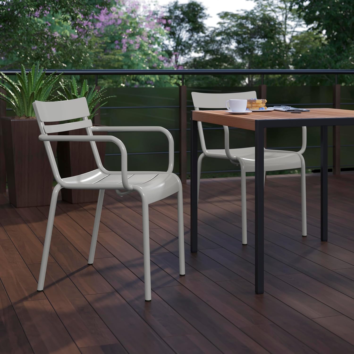 Flash Furniture Nash Commercial Grade Steel Stack Chair, Indoor-Outdoor Arm Chair with 2 Slat Back, Set of 4, Silver