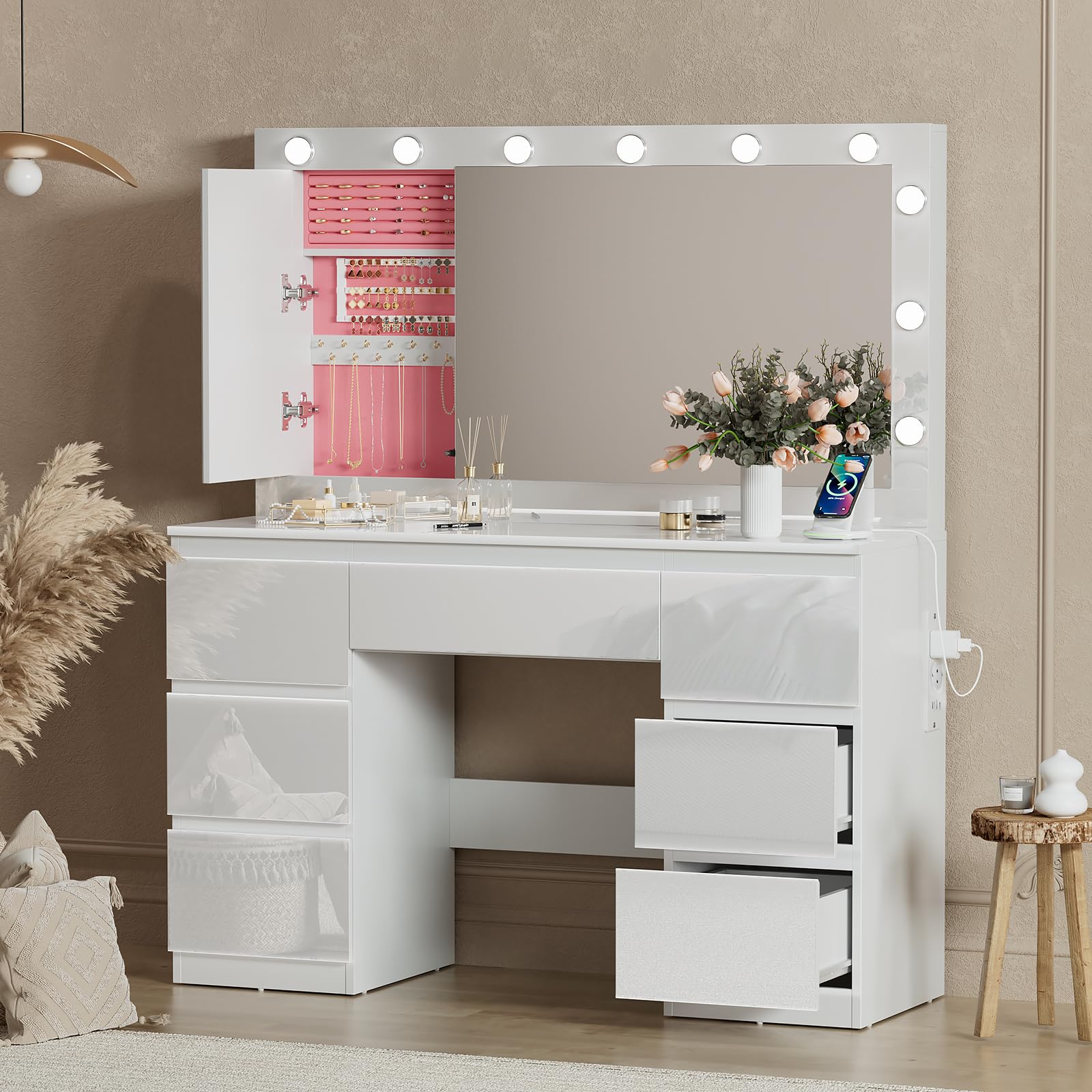 TRIUMPHKEY Bianco Lucido Toeletta Trucco con LED e Prese,Postazione Trucco con Grande Specchio,120 x 40 x 140 cm,Tavolo da Trucco con 7 Cassetti e Armadio per Gioielli