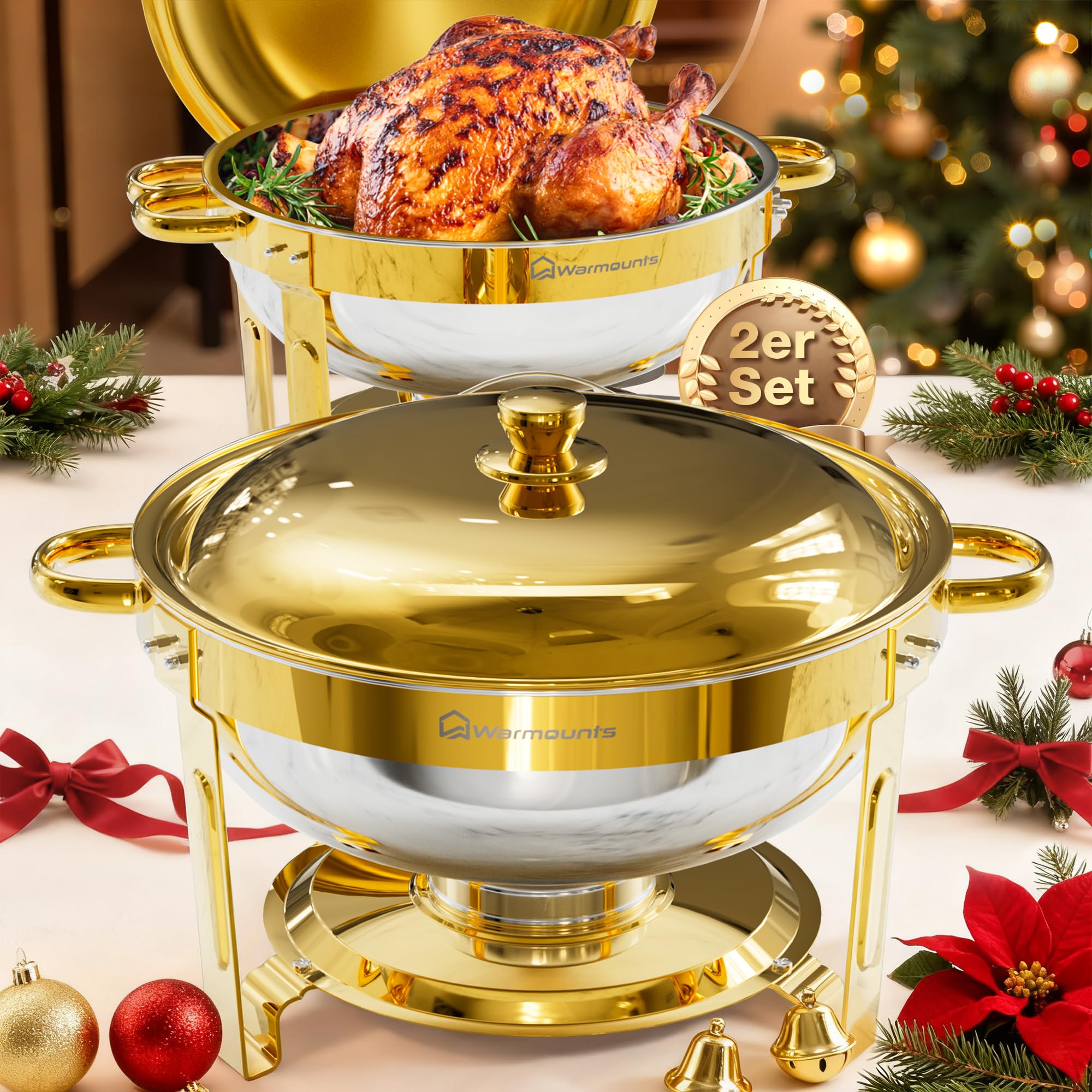 WARMOUNTS Gold Chafing Dish Buffet 5L 2er Set, Rund Speisenwärmer für Catering mit Deckel & Deckelhalter, Stapelbar Hochglanzpoliert Edelstahl Lebensmittelecht für Feiern, Hochzeit, Events