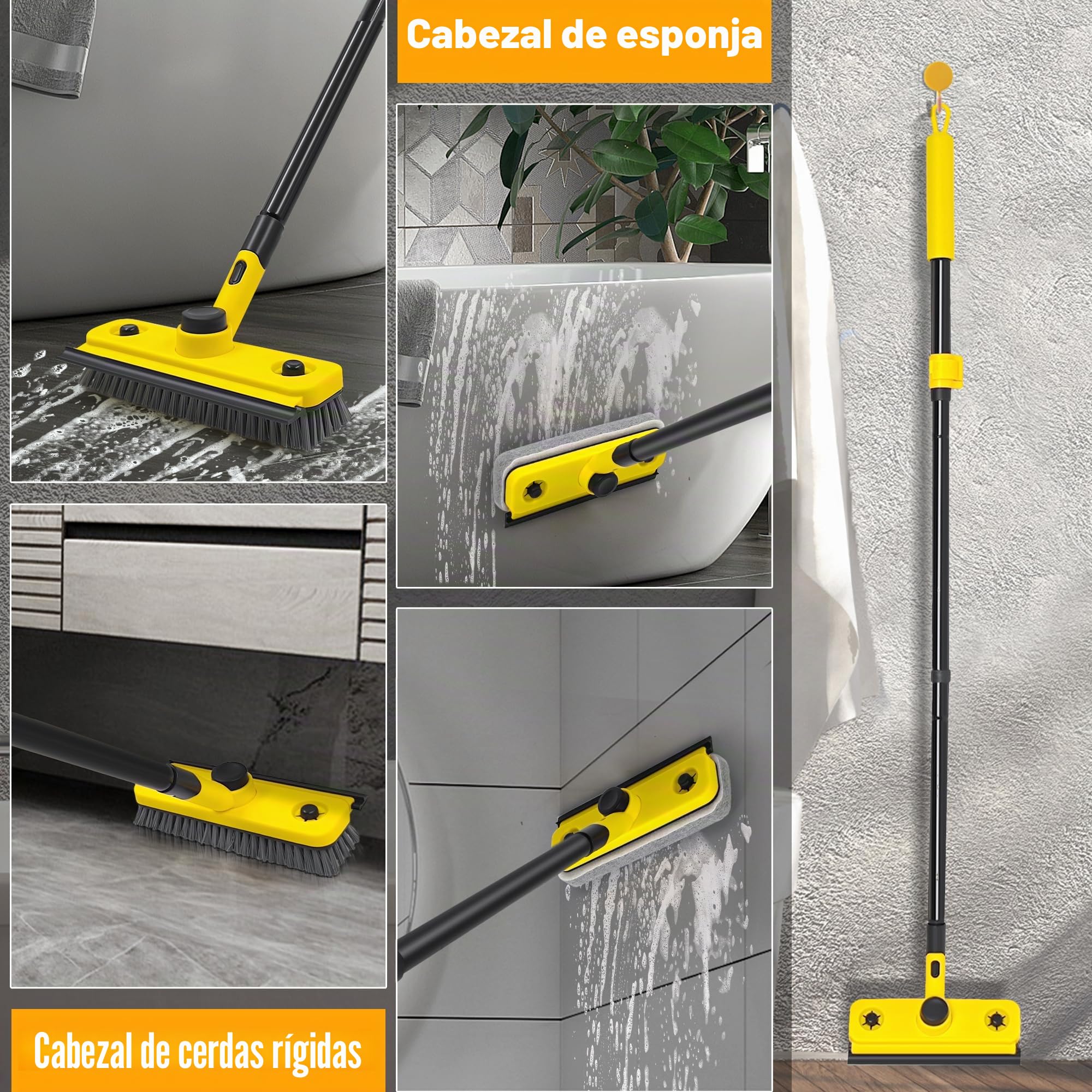 JEHONN Cepillo Limpieza Ducha con Mango Largo 136 cm, 3 en 1 Limpia Azulejos Pared Cocina, Baño, Bañera, Suelo, Zócalo (Amarillo)