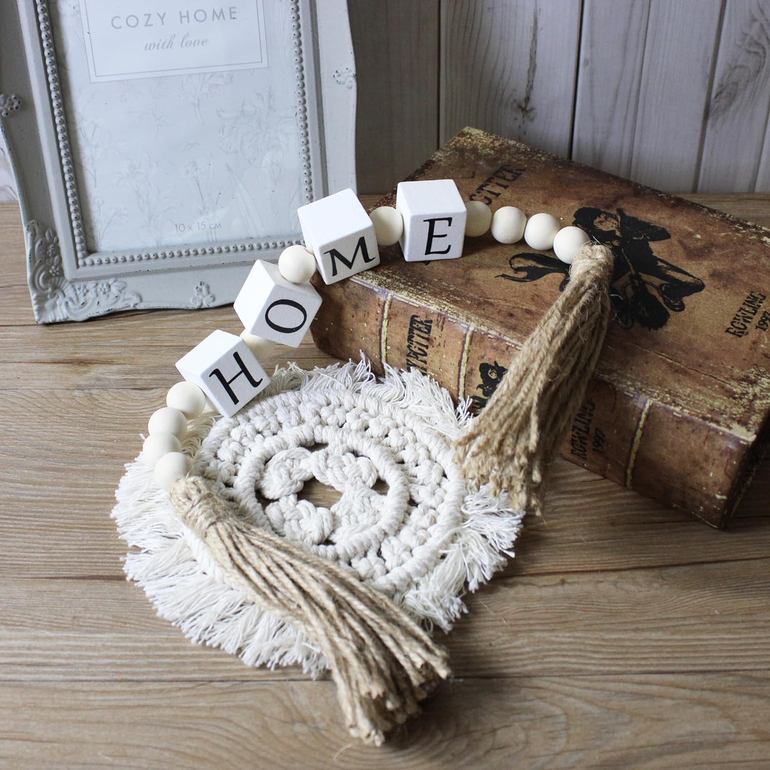 Home Letter Block Wood Bead with Tassels Farmhouse Home Decor, Boho Wooden Beads Modern Style Decoration New Home Housewarming Gifts for Living Room Tabletop Tiered Tray Mantel Shelf, 20''
