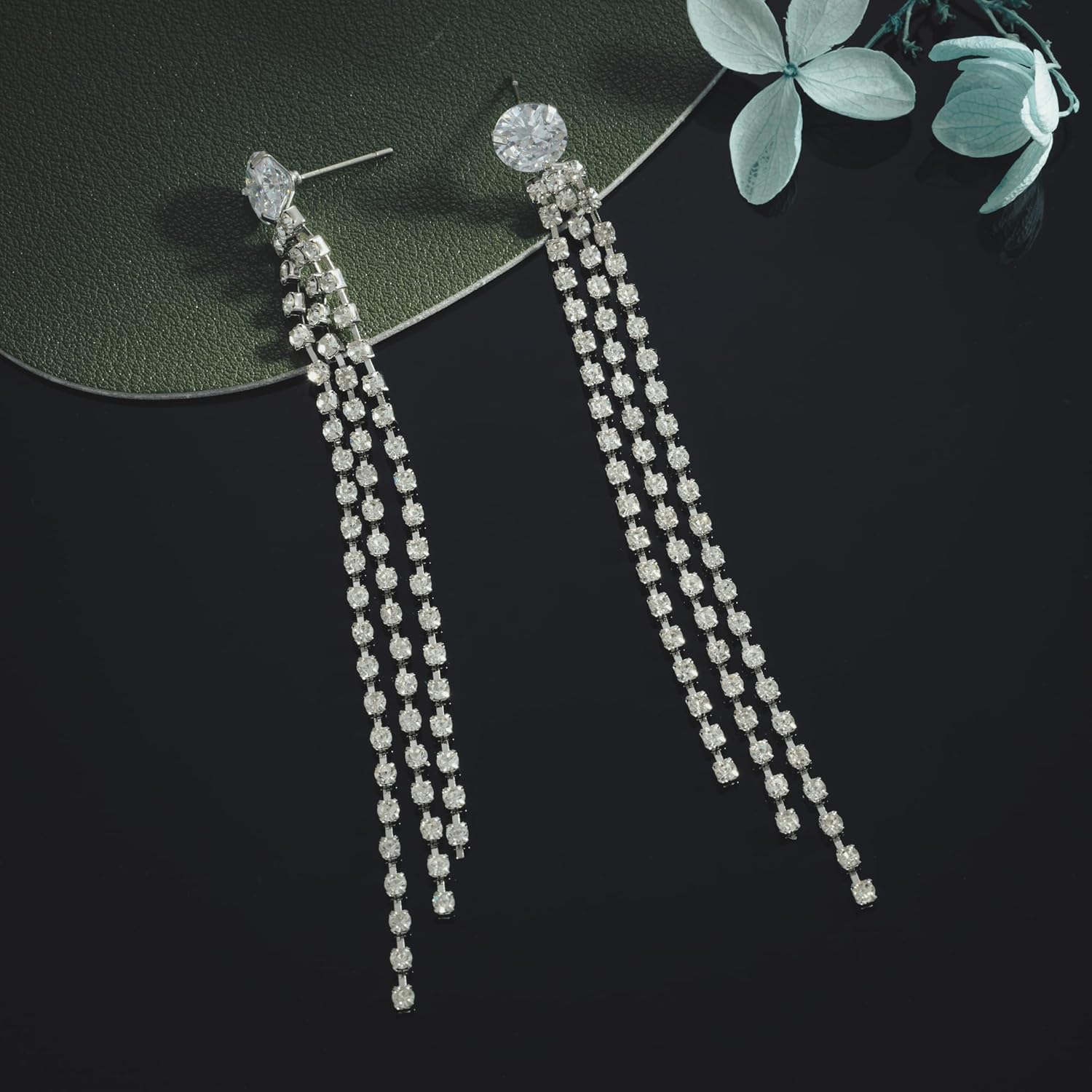 SELOVO Long 3 Chain Tassel Crystal Dangle Earring White Cubic Zirconia Bridal Jewelry - Image 5