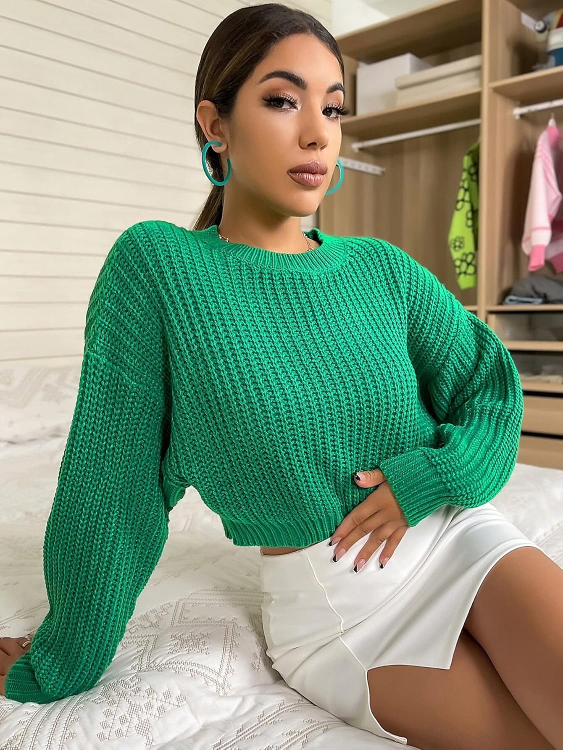 BEDAW Women's Sweater Solid Ribbed Knit Drop Shoulder Sweater Sweater for Women (Color : Green, Size : Medium)