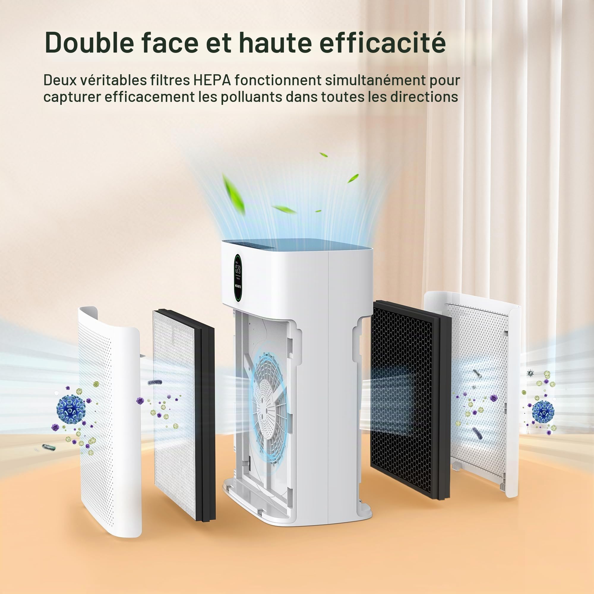 MORENTO HY4866 Lot de 2 purificateurs d'air Ture HEPA pour poussière, squames d'animaux, fumée, pollen pour chambre à coucher et bureau, version originale, version améliorée