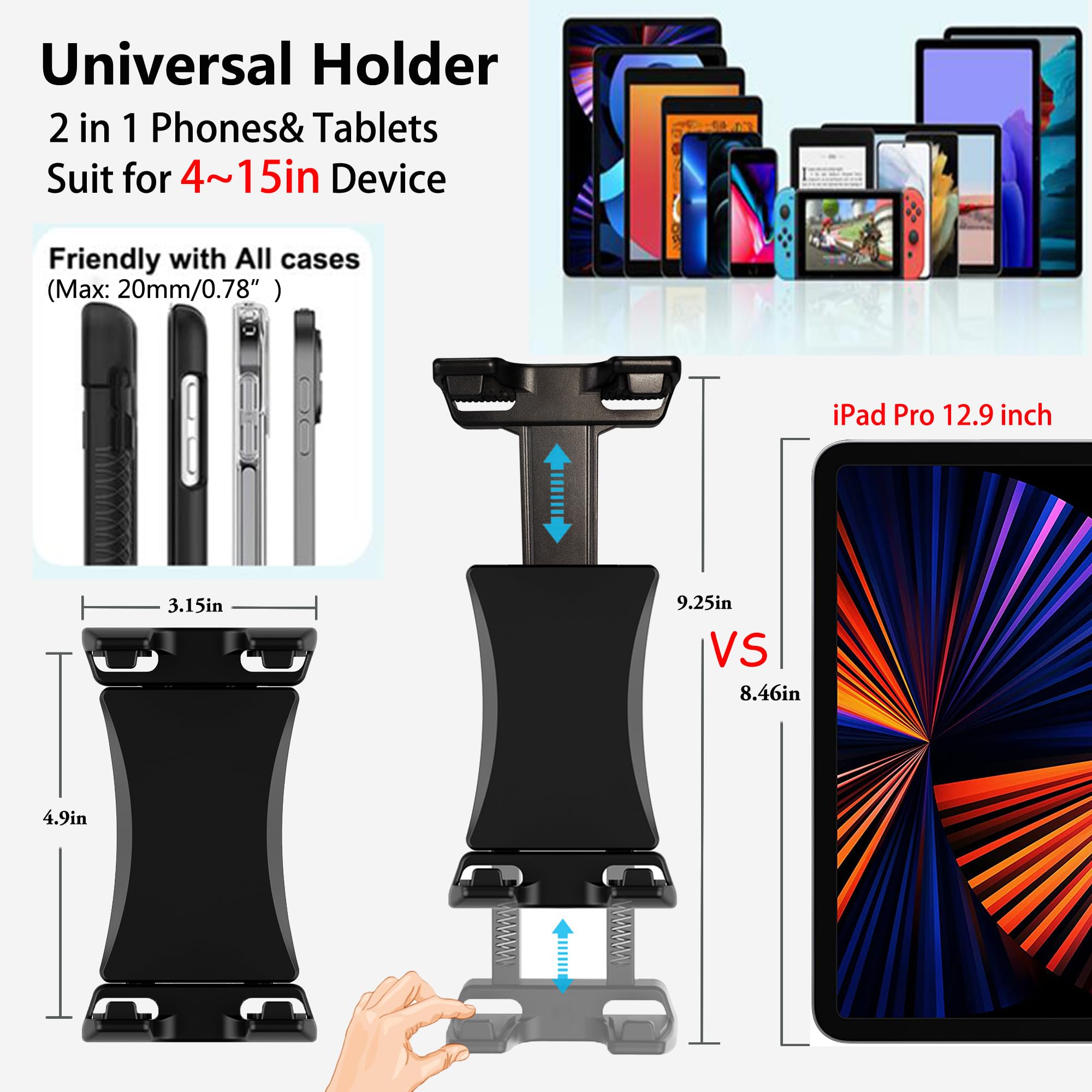 Uchwyt ścienny na tablet iPad stojak ścienny z długim ramieniem obracana o 360° aluminiowa podstawa do tabletu 4~15 cali i telefonu komórkowego iPad Pro 12,9, Galaxy Tab S9 Ultra 14,6 S9FE
