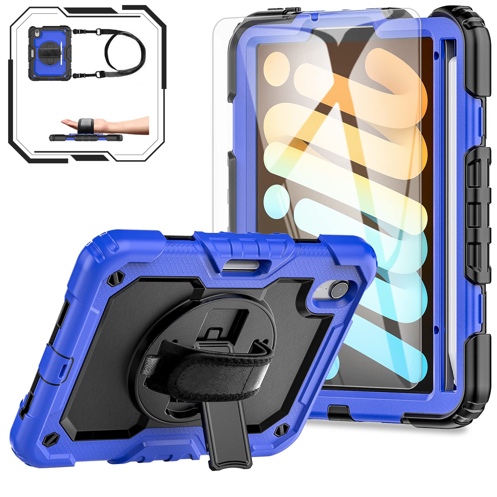 iPad Mini 6th Generation 8.3-inch Tablet Case 2021, [Kids Proof] BASE MALL Rugged Shockproof Case with Tempered Glass Screen Protector, Rotatable Kickstand, Pencil Holder, Hand/Shoulder Strap (Blue)