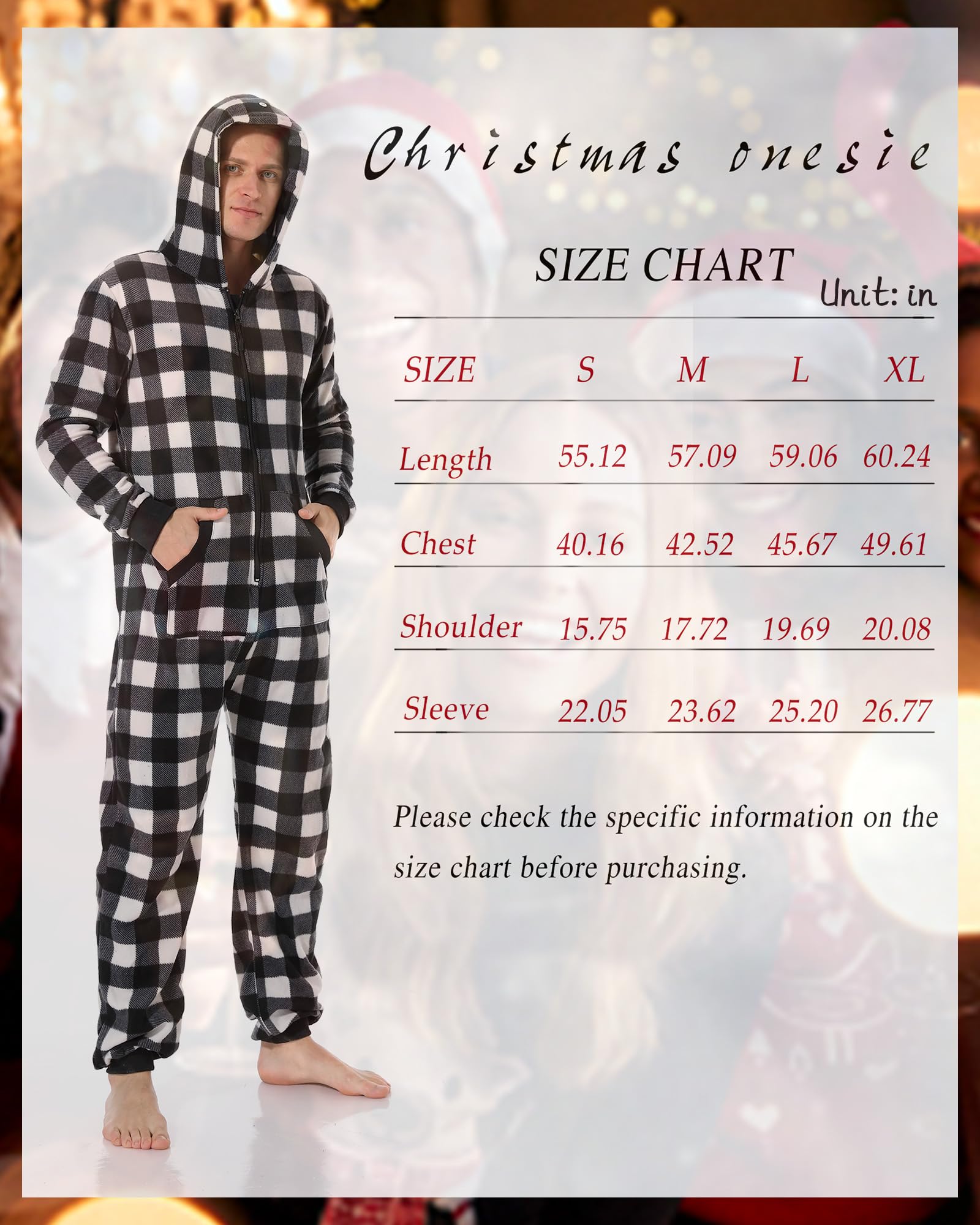 Pijama Adulto Cuadros Onesie de Navidad Mono con Capucha y Cremallera Familia Homewear Sleepwear Mujeres Hombres