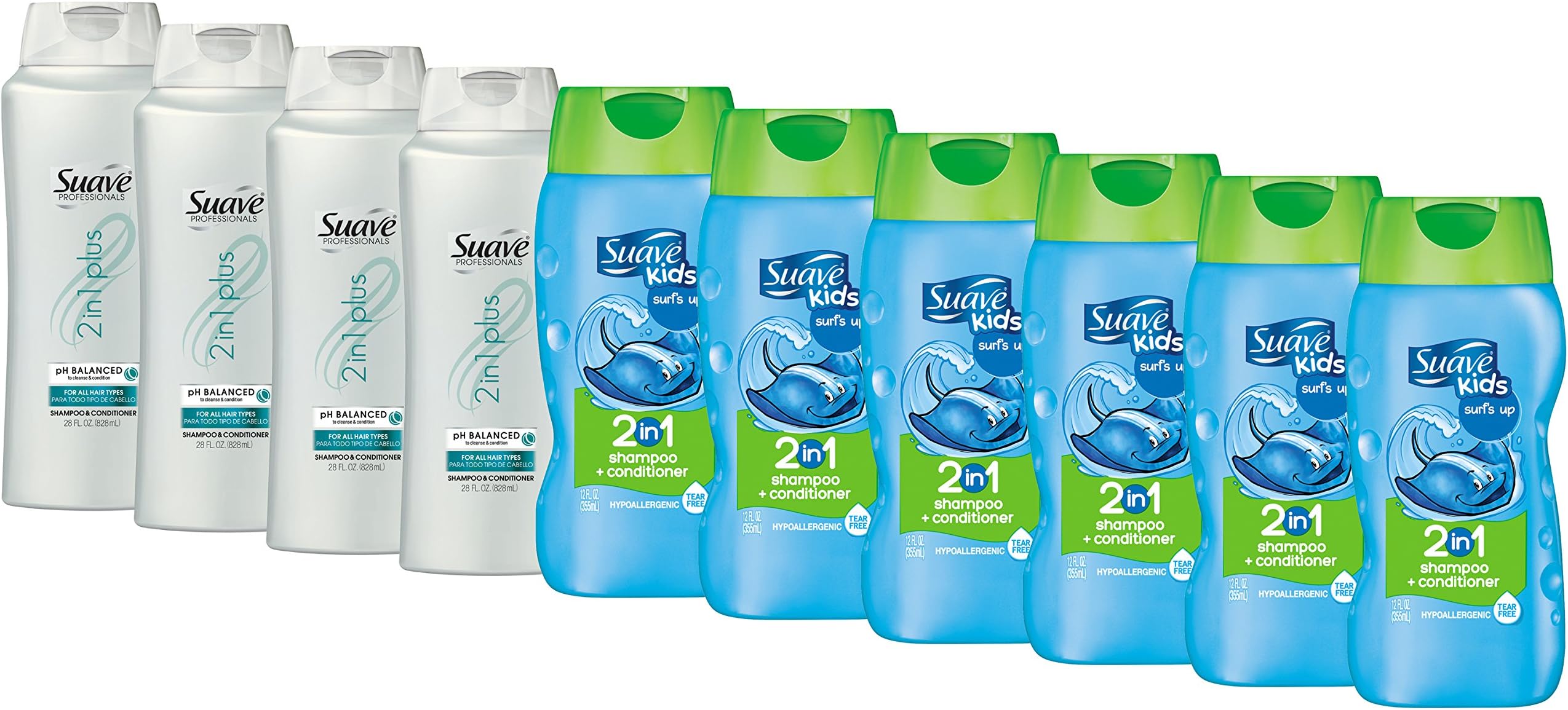 Suave Professionals 2 in 1 Shampoo and Conditioner, Pack of 4 and Suave Kids 2 in 1 Shampoo and Conditioner
