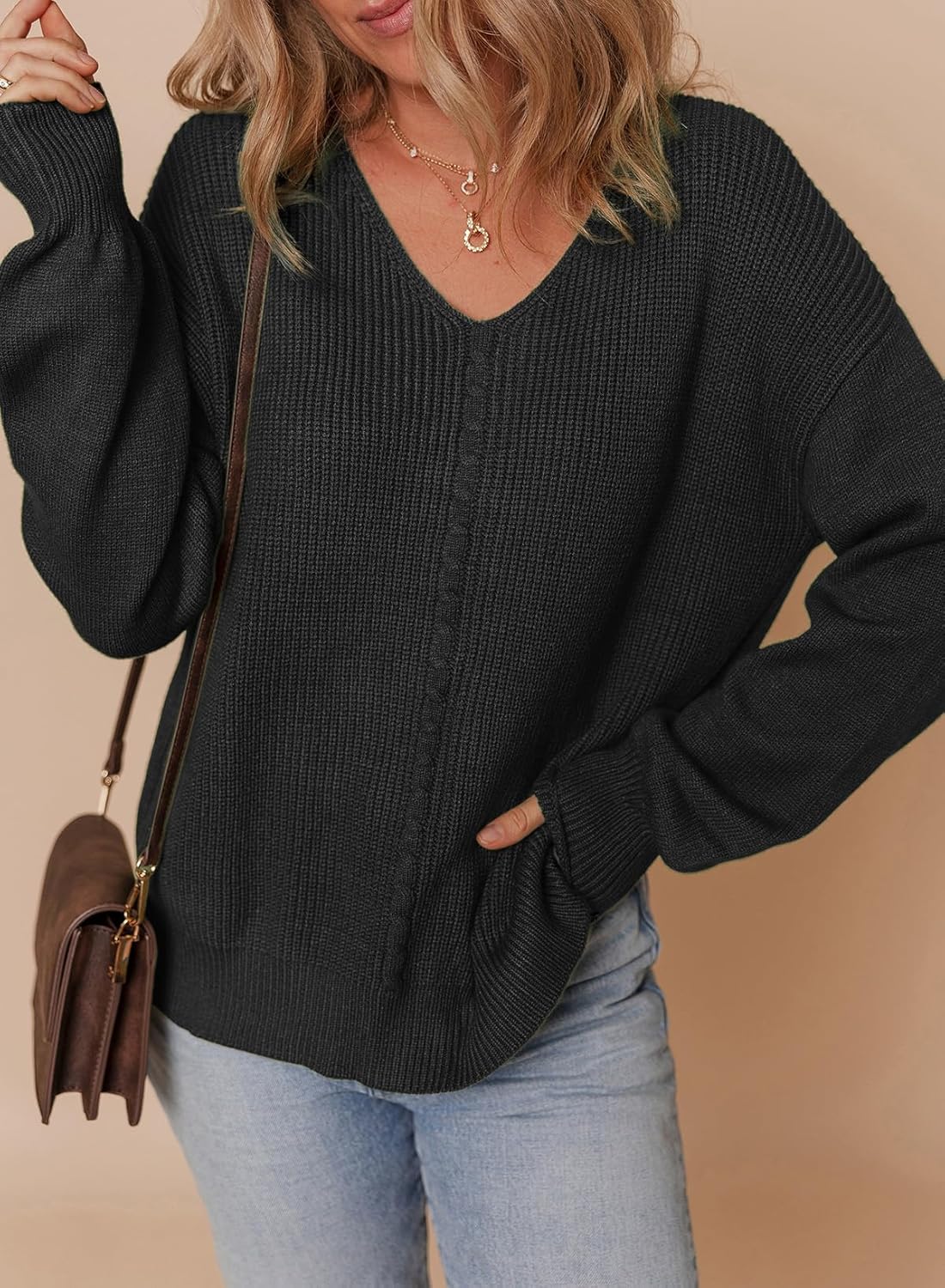 Dokotoo Women's Casual V Neck Sweaters Long Sleeve Pullover Sweater Knit Jumper Tops - Image 2