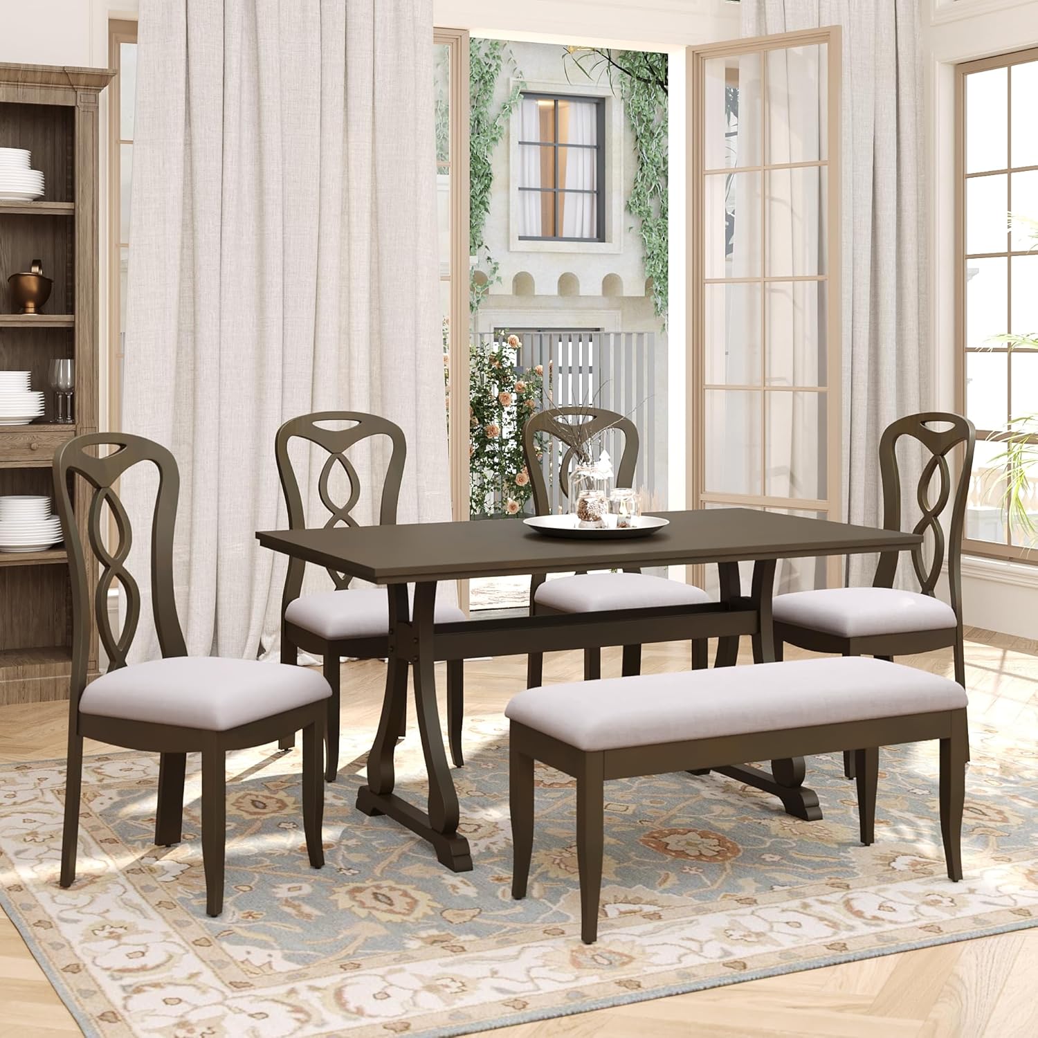 THINK 30 6Piece Trestle Dining Table Set with Upholstered