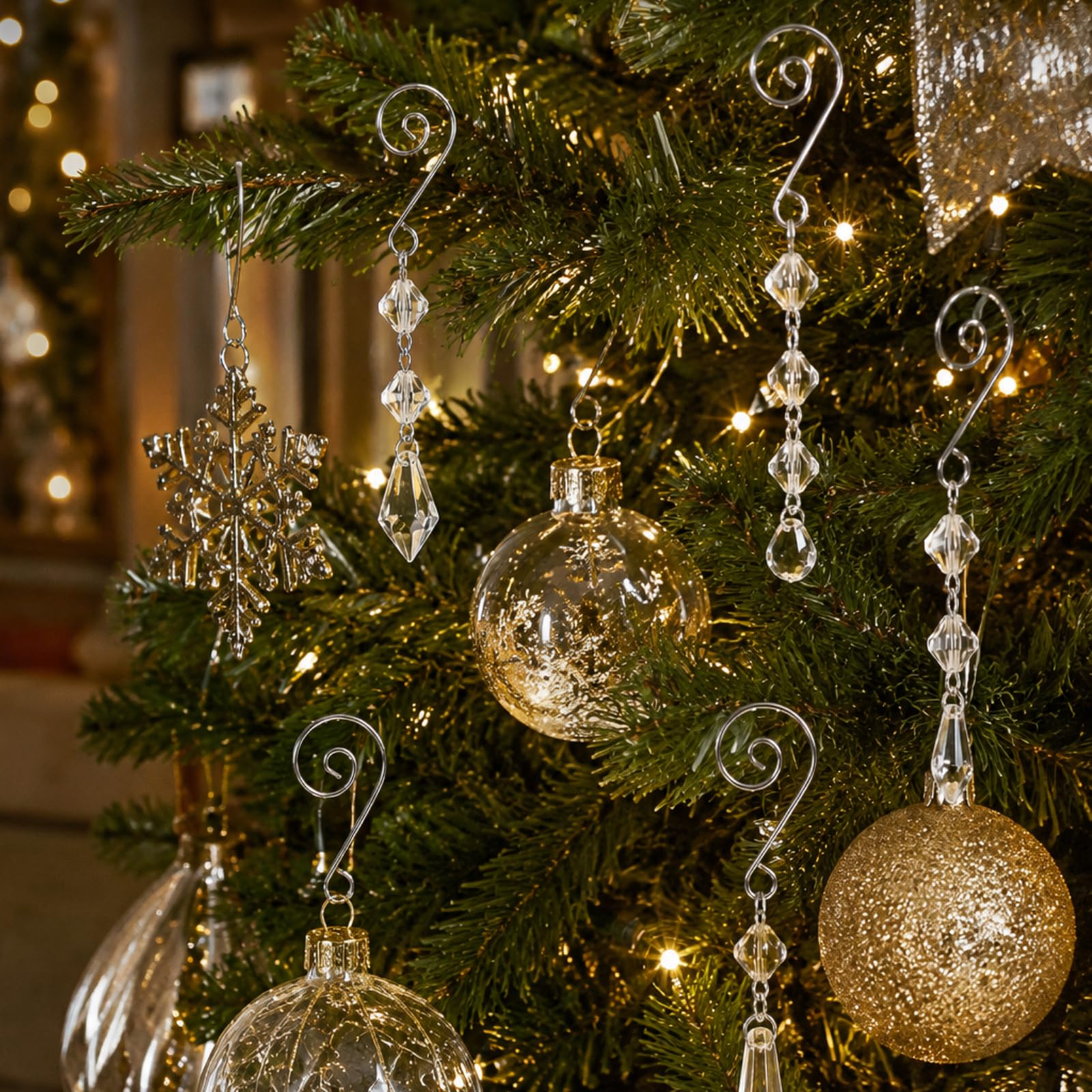Bucherry 200 ganchos para adornos de árbol, ganchos decorativos de alambre acrílico transparente en forma de S con garras de langosta para colgar, alambre de metal, remolino de cristal para